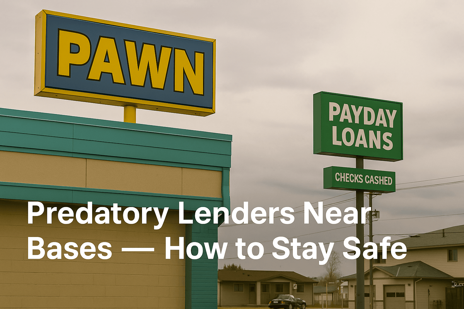 Pawn shop and payday loan signs near a military base neighborhood, highlighting predatory lending risks. Text overlay reads: Predatory Lenders Near Bases — How to Stay Safe.