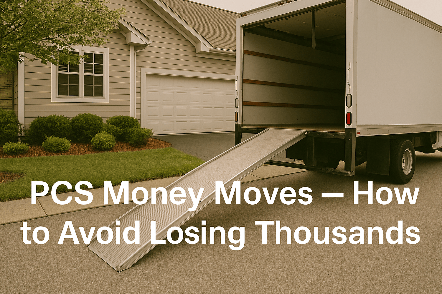 Moving truck with ramp parked in front of a suburban home during a PCS move, symbolizing military relocation costs. Text overlay reads: PCS Money Moves — How to Avoid Losing Thousands.
