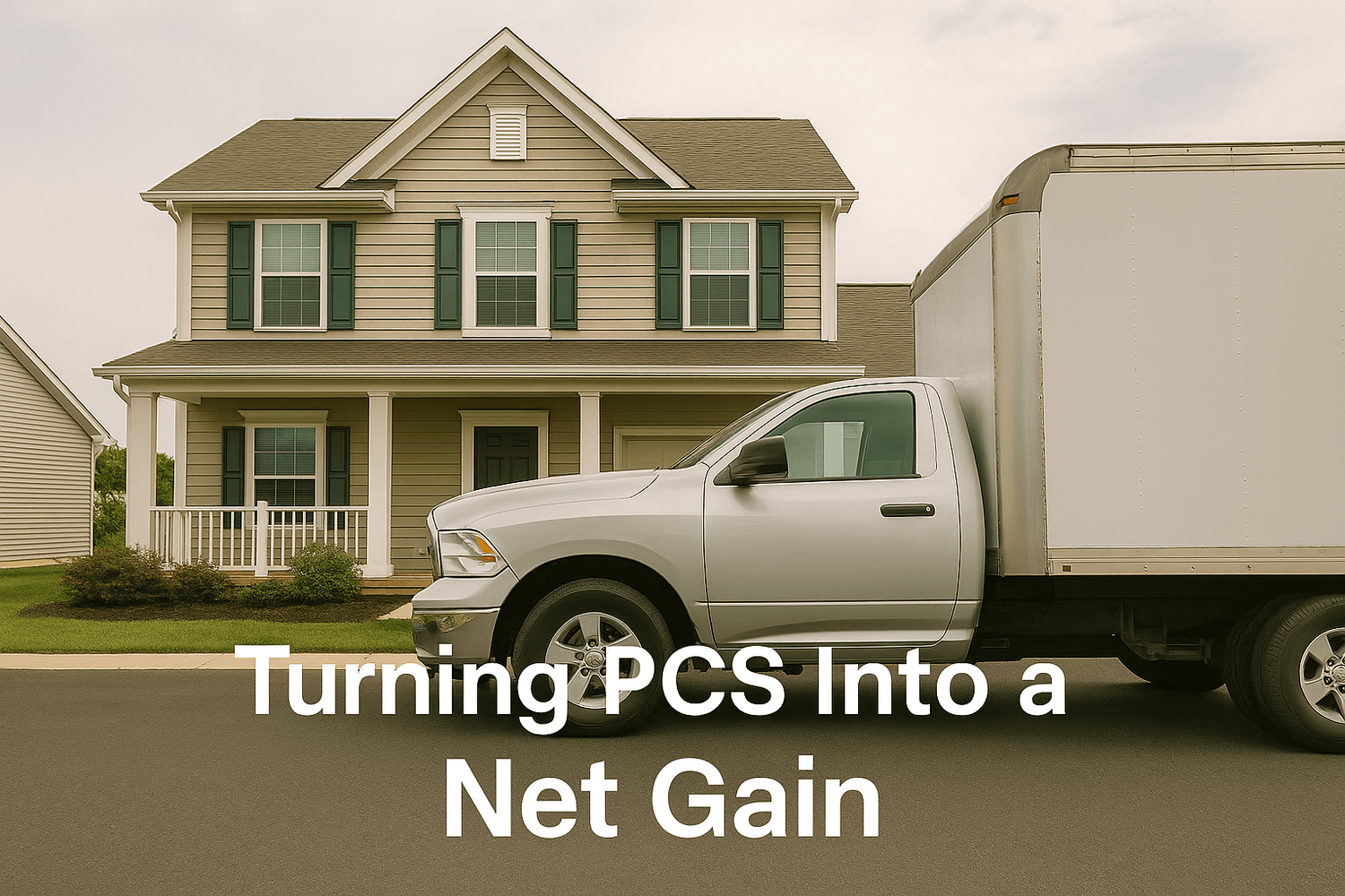 Military PCS move with a moving truck parked in front of a suburban house, representing turning PCS relocations into a financial net gain. Text overlay reads: Turning PCS Into a Net Gain.