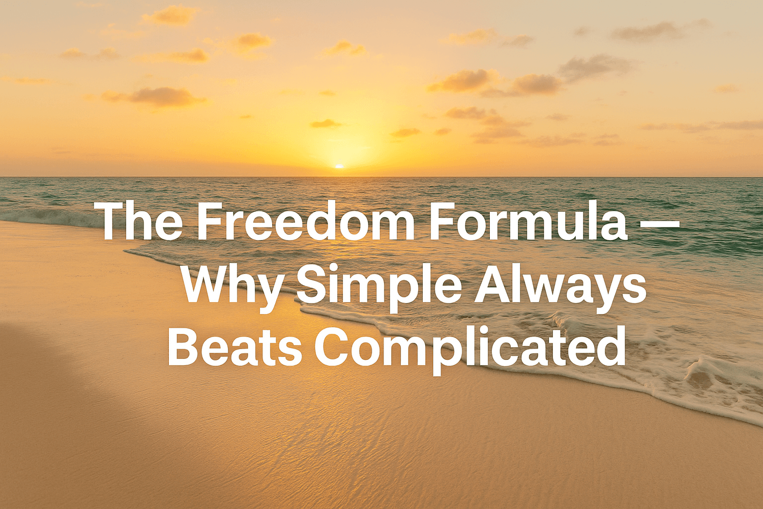 Beach sunrise with gentle waves on the shore, symbolizing simplicity and peace. Text overlay reads: The Freedom Formula — Why Simple Always Beats Complicated.