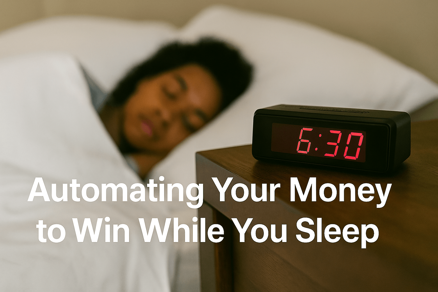 Person sleeping in bed with an alarm clock showing 6:30 on a nightstand. Text overlay reads: Automating Your Money to Win While You Sleep.