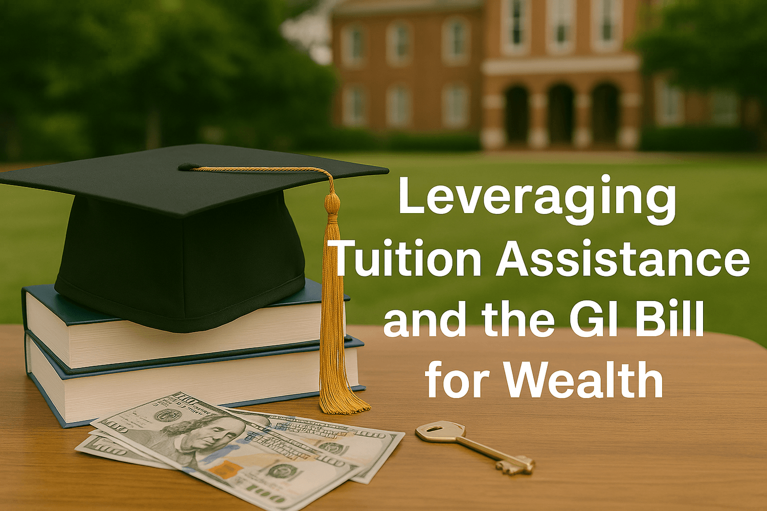 Graduation cap on stacked books with $100 bills and a key on a table outside a university building. Text overlay reads: Leveraging Tuition Assistance and the GI Bill for Wealth.