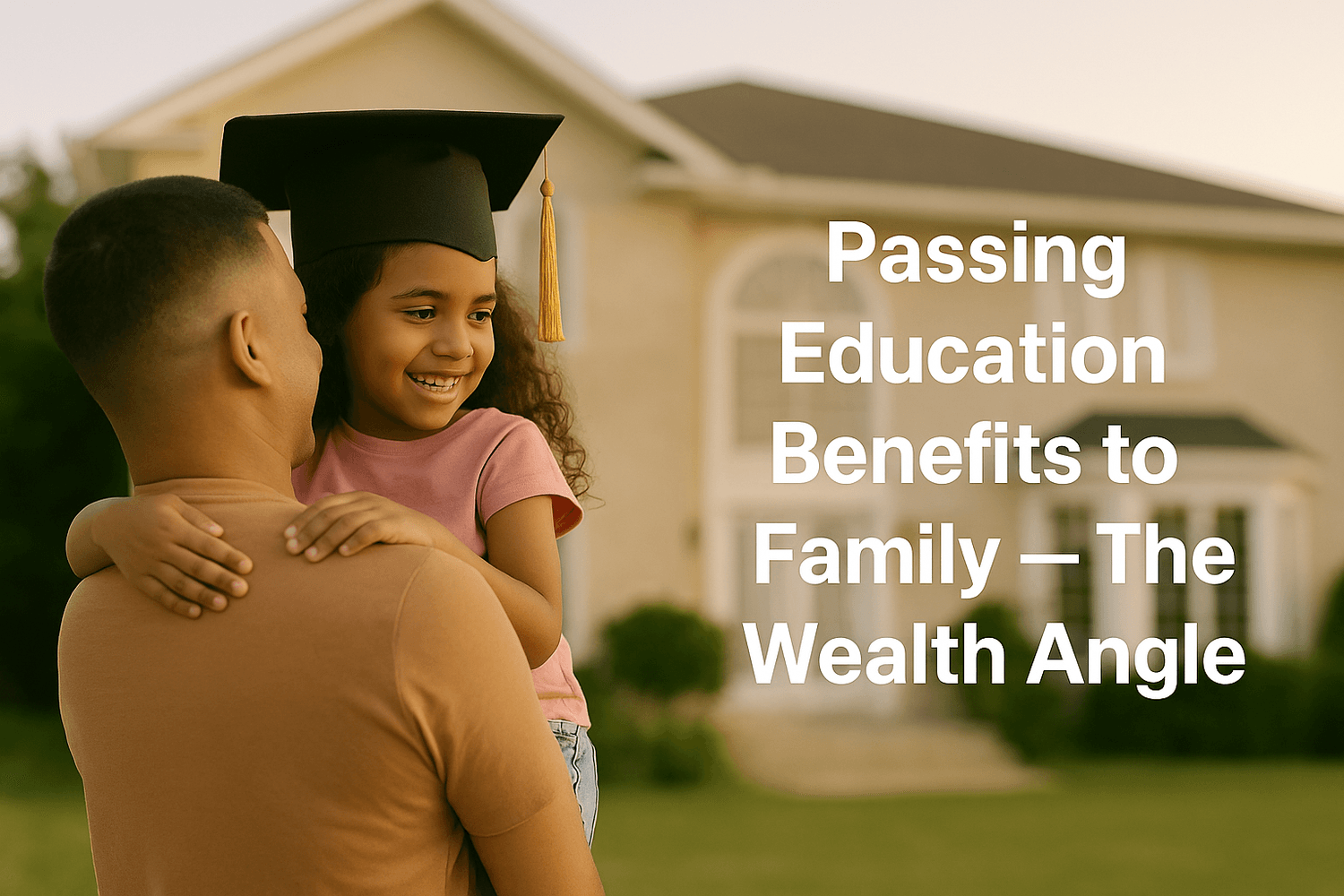 Military father holding daughter wearing graduation cap outside home, symbolizing passing GI Bill education benefits to family for long-term wealth.