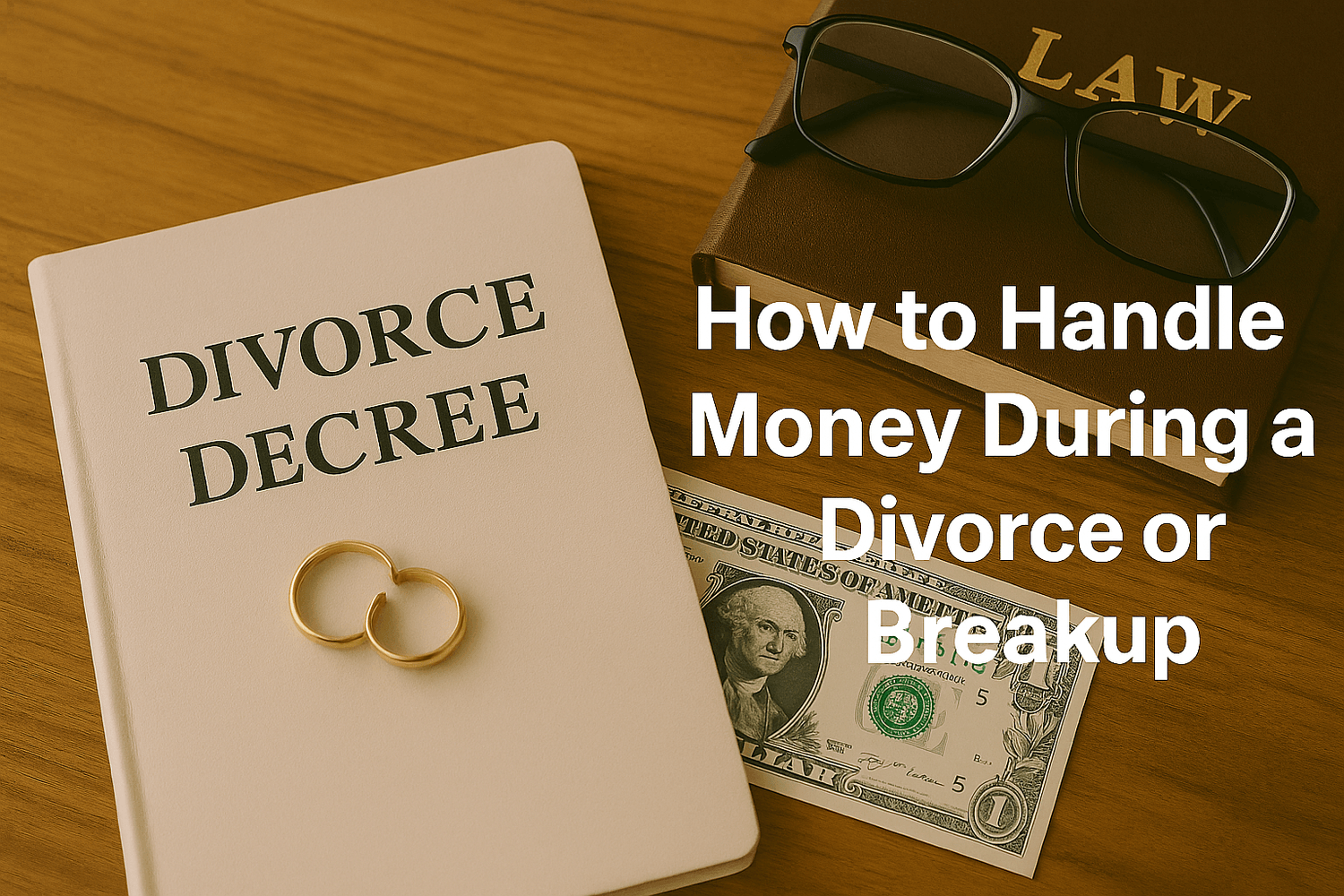 Divorce decree with broken wedding rings, law book, and dollar bill on desk representing financial planning during divorce or breakup.
