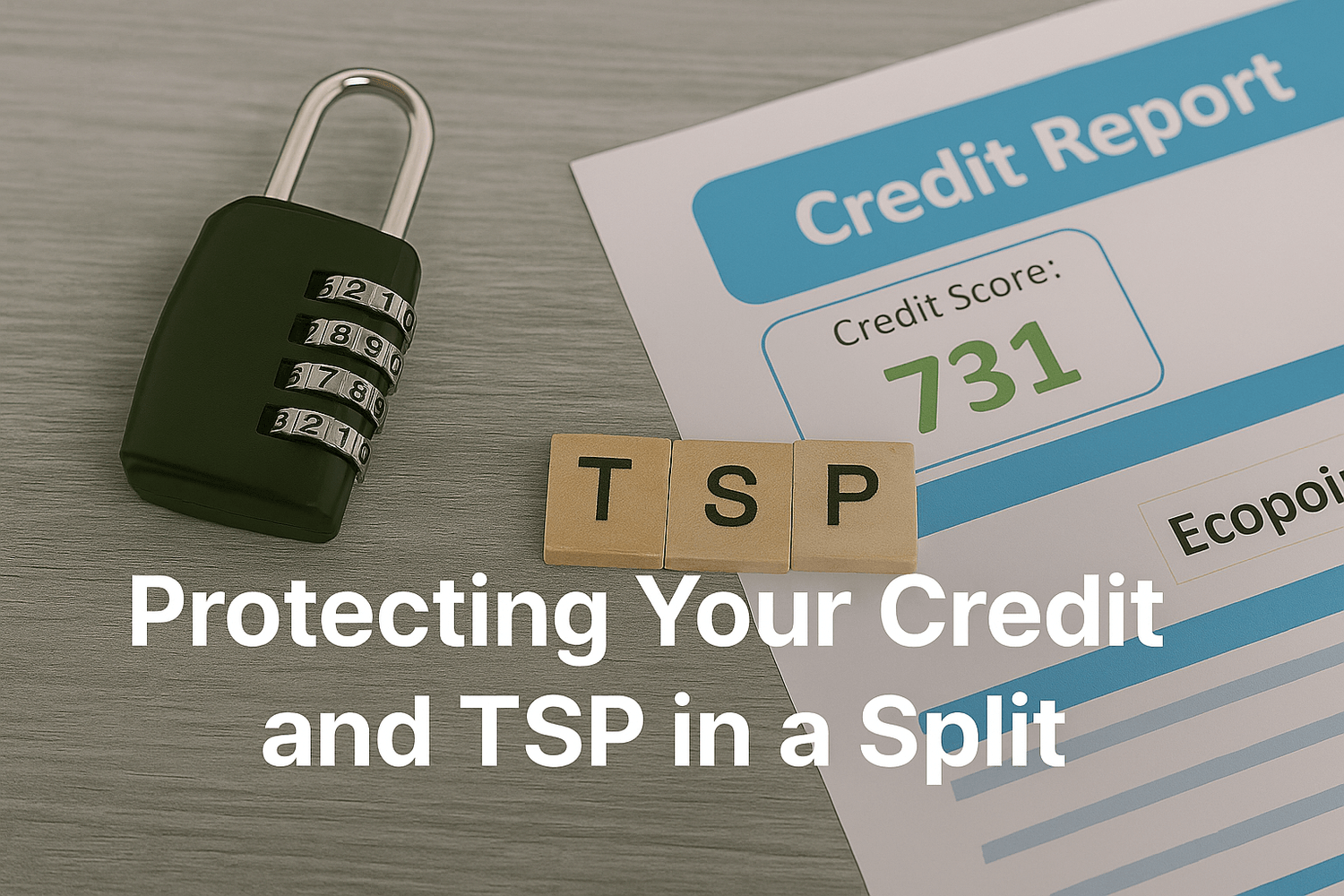 Credit report showing score of 731 with lock and TSP letters symbolizing protecting credit and Thrift Savings Plan during divorce or separation.