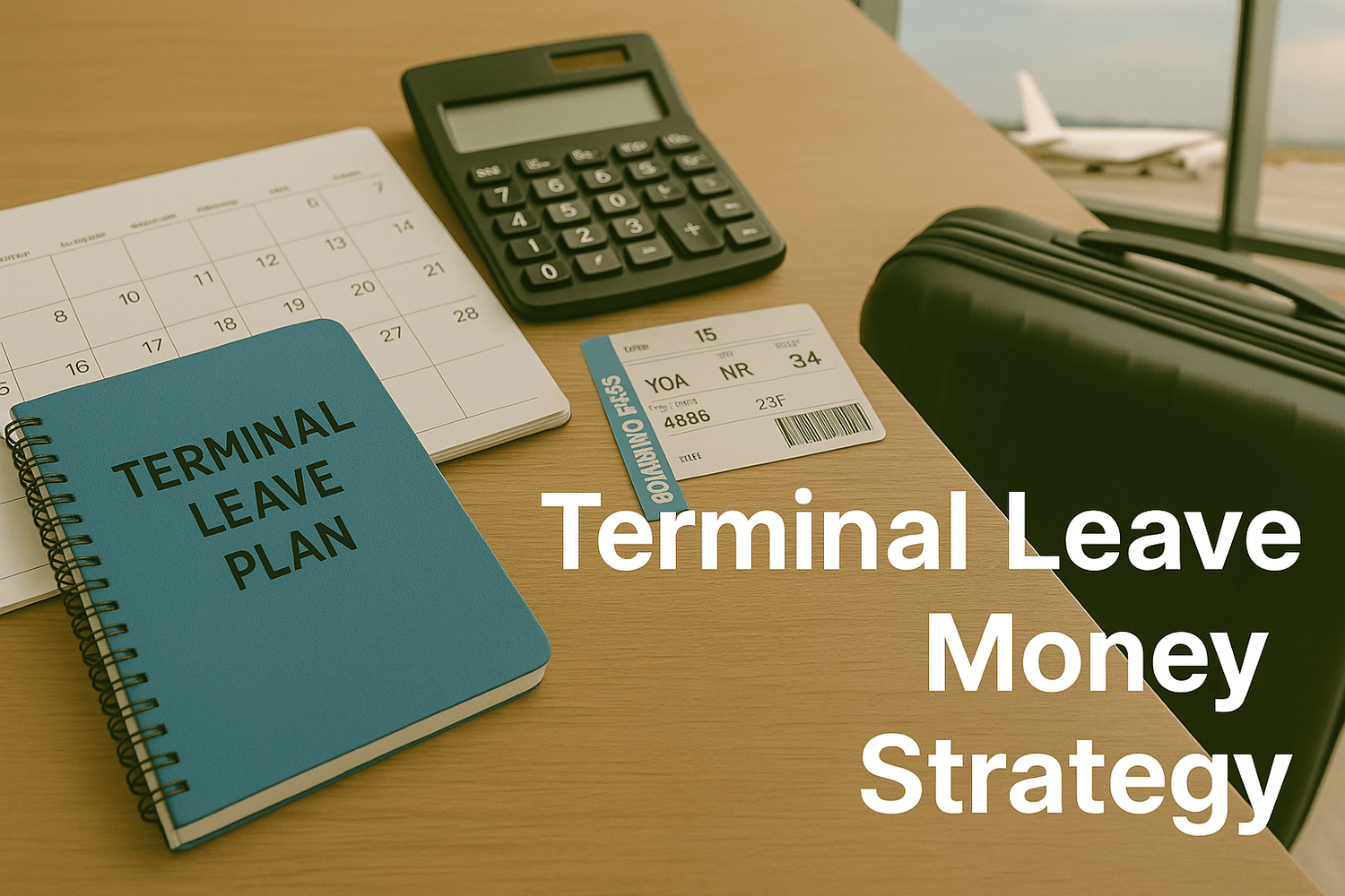 Notebook labeled terminal leave plan with calendar, calculator, and travel items on desk symbolizing financial strategy for using terminal leave.