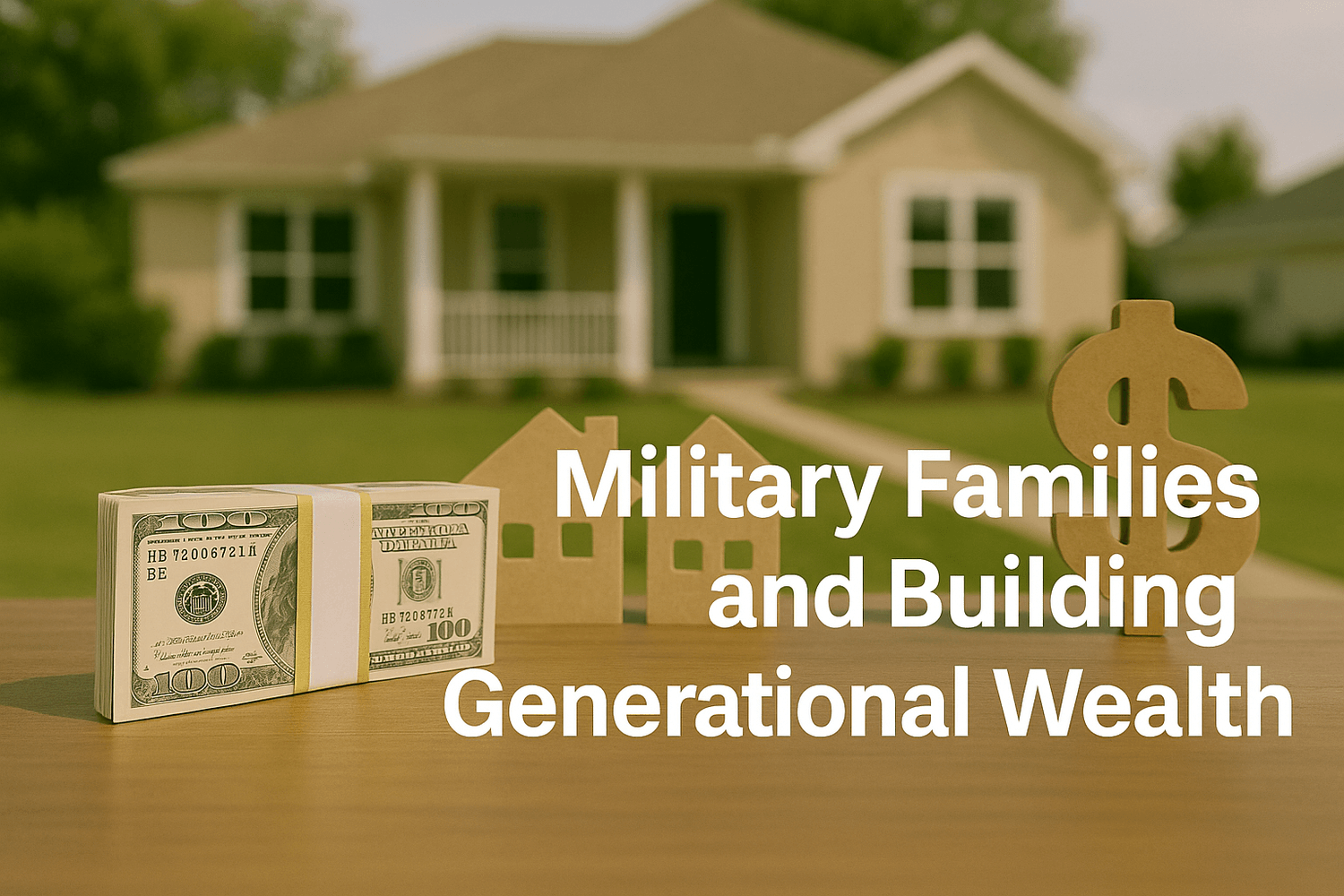Stack of hundred dollar bills, wooden house cutouts, and a dollar sign symbol in front of a home, representing military families building generational wealth.