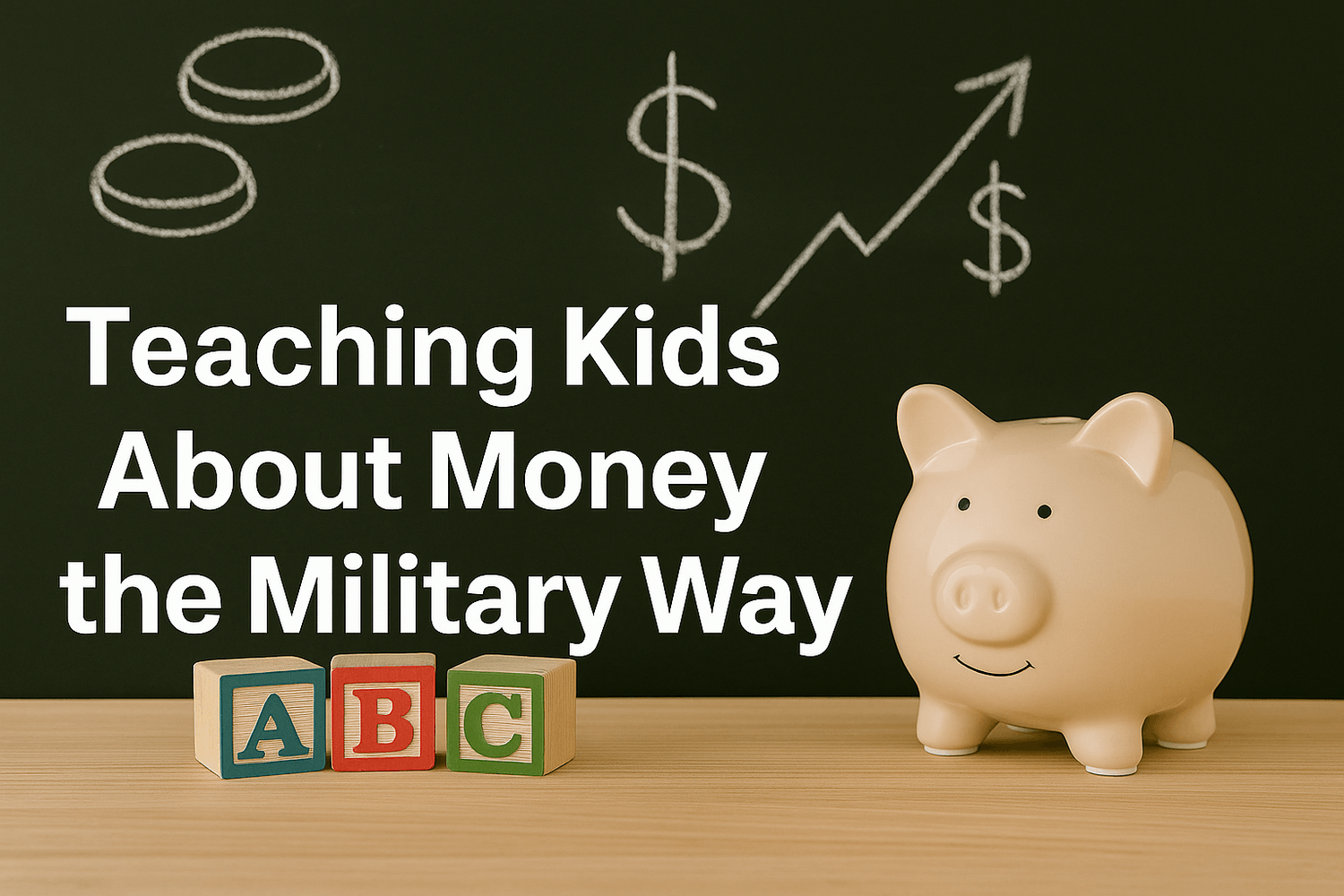 Piggy bank with ABC blocks and chalkboard drawings of money and growth chart, symbolizing teaching kids about money the military way.