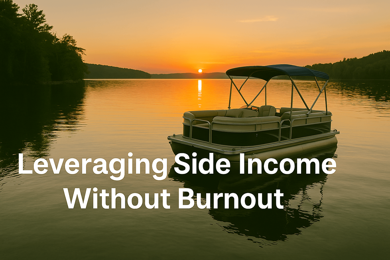 Boat on a calm lake at sunset with text Leveraging Side Income Without Burnout, symbolizing financial freedom and stress-free wealth strategies.