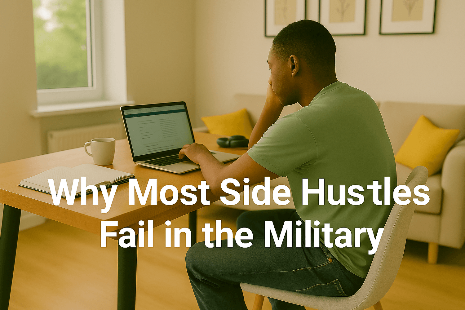 Frustrated man sitting at desk with laptop and notebook, text overlay Why Most Side Hustles Fail in the Military, highlighting the risks of side hustles for soldiers