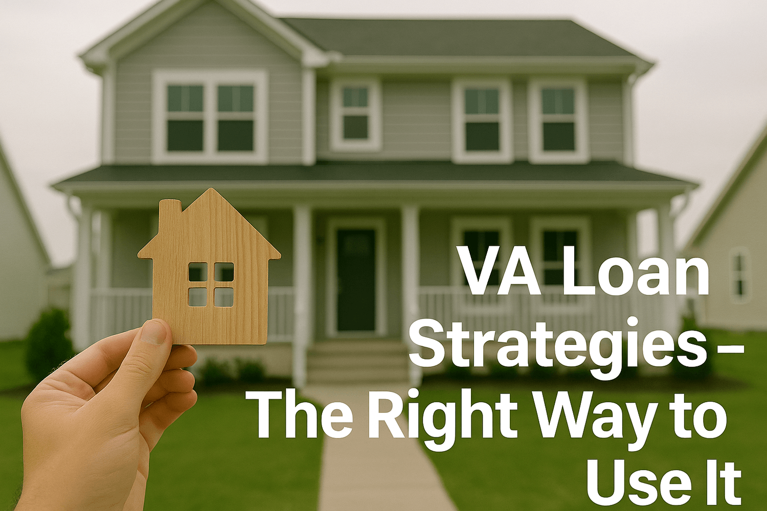 Hand holding a wooden house cutout in front of a gray suburban home with the text 'VA Loan Strategies – The Right Way to Use It,' symbolizing military homeownership and smart use of VA loan benefits.