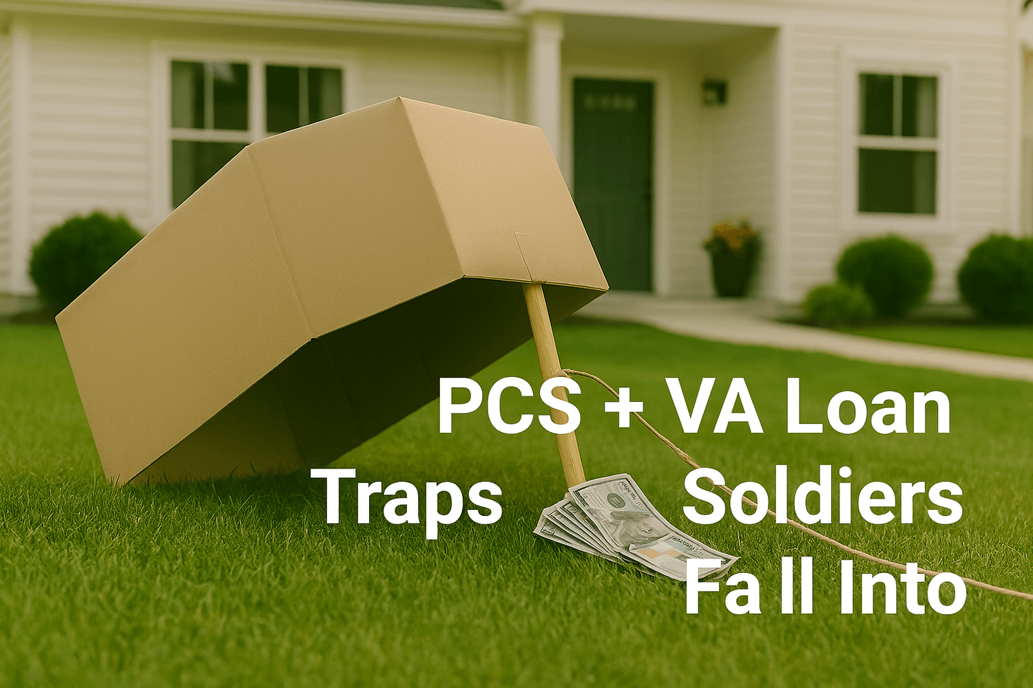 Cardboard box trap with cash underneath on a lawn in front of a house, paired with text 'PCS + VA Loan Traps Soldiers Fall Into,' symbolizing common financial pitfalls military families face when moving with VA loans.