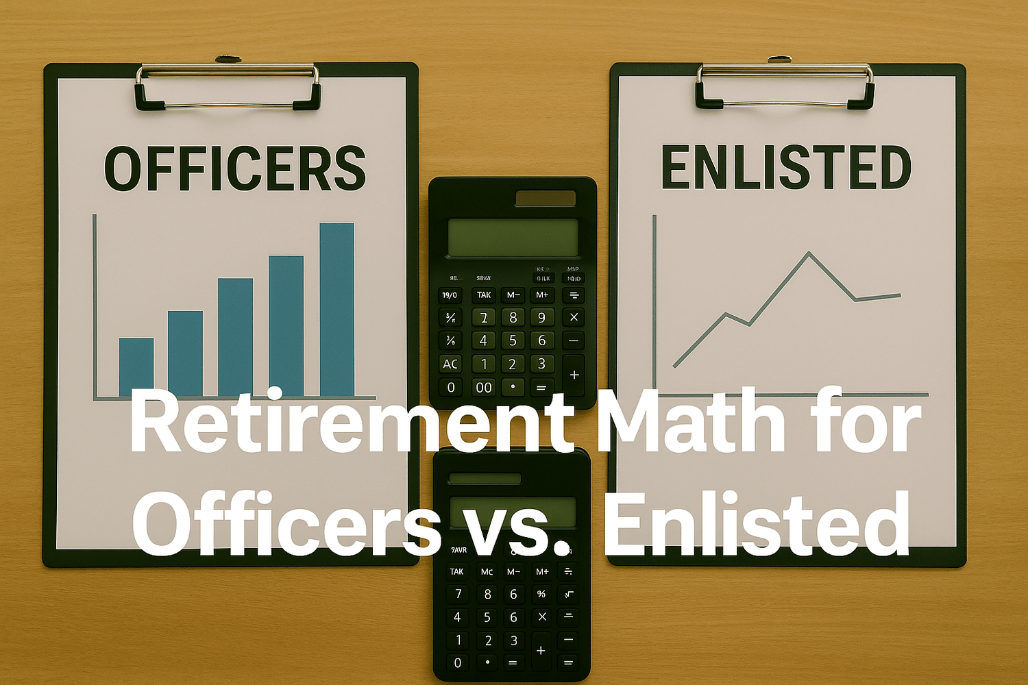 Two clipboards labeled “Officers” and “Enlisted” with graphs comparing retirement outcomes, separated by calculators, illustrating the financial differences in retirement math for military officers versus enlisted soldiers.