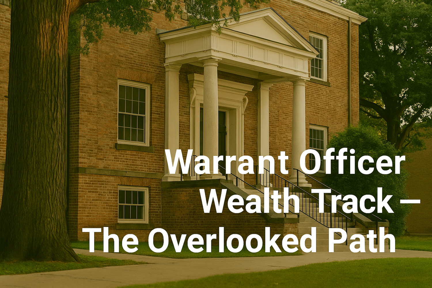 Historic brick Army building with white columns representing military education and career advancement, paired with the title “Warrant Officer Wealth Track – The Overlooked Path,” highlighting the financial opportunities of becoming a warrant officer.