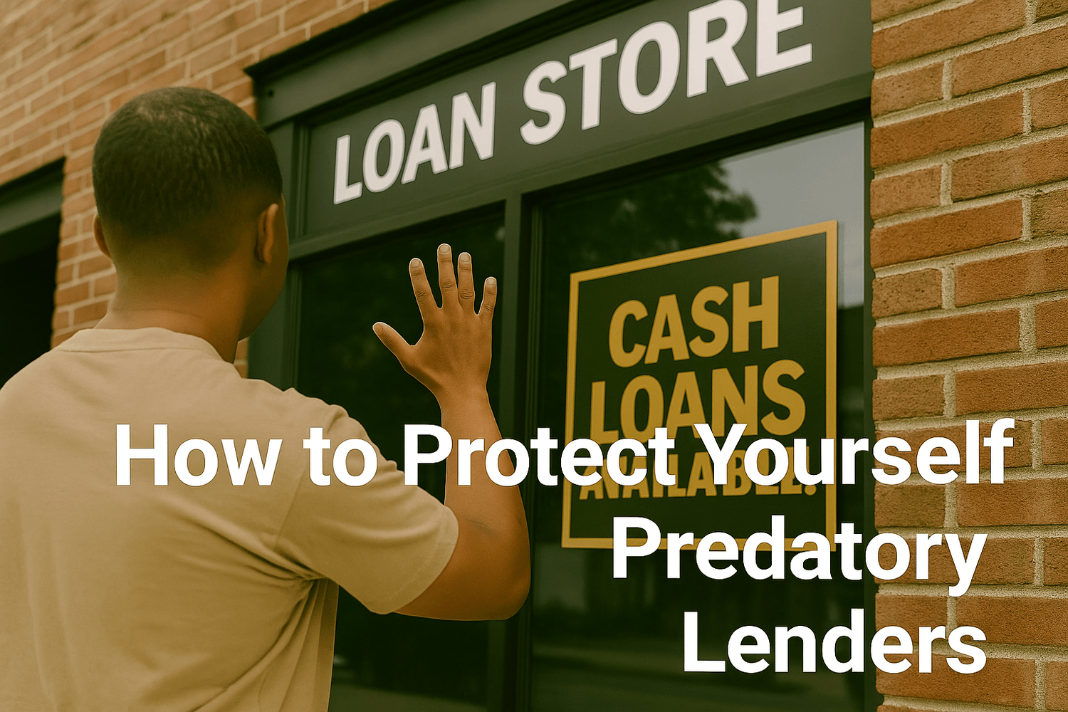 Soldier standing outside a payday loan store with signs advertising cash loans, symbolizing the risks of predatory lenders and highlighting the importance of financial protection strategies.