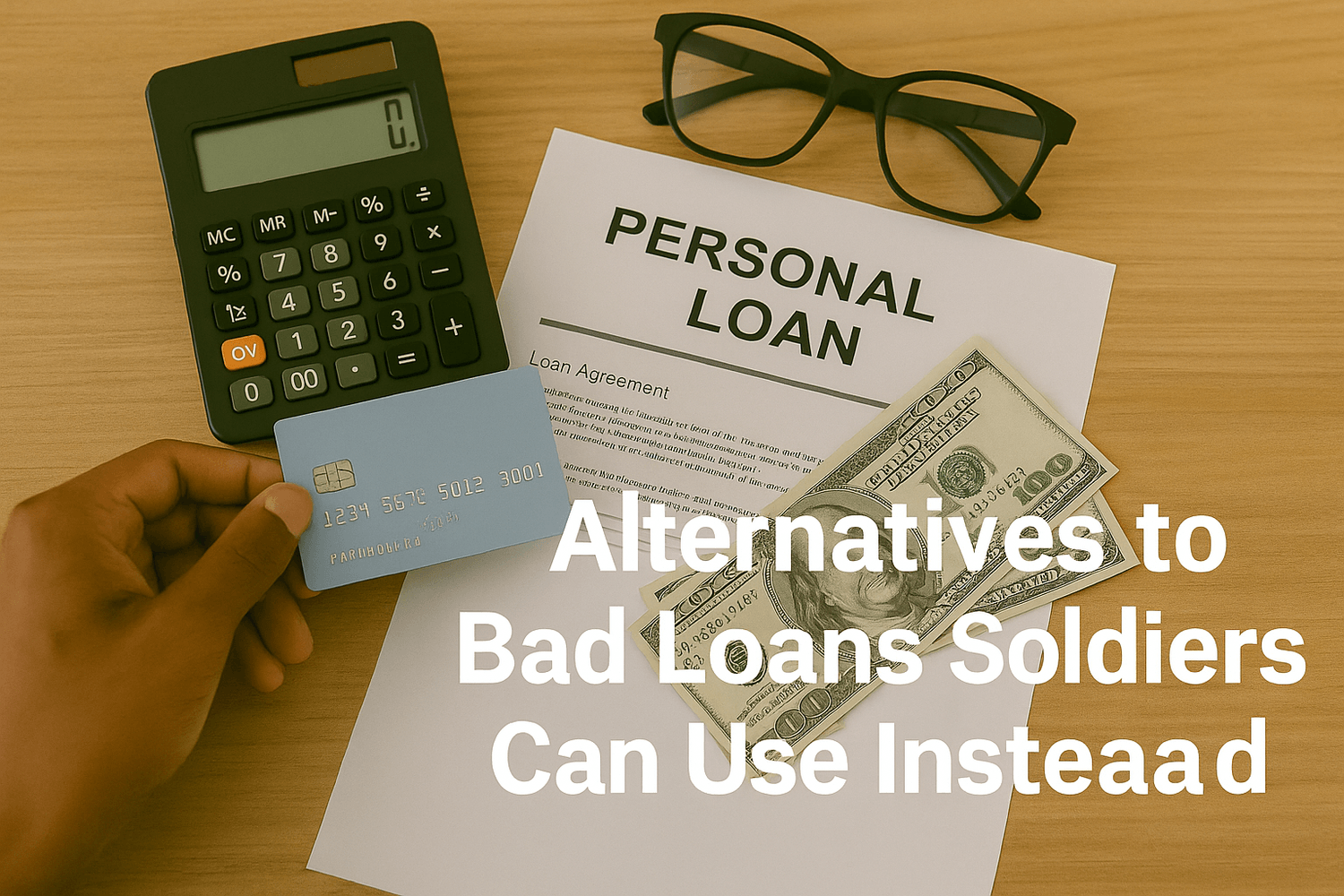 Personal loan agreement with calculator, credit card, and cash on a desk, symbolizing the risks of bad loans and highlighting safer financial alternatives for soldiers.