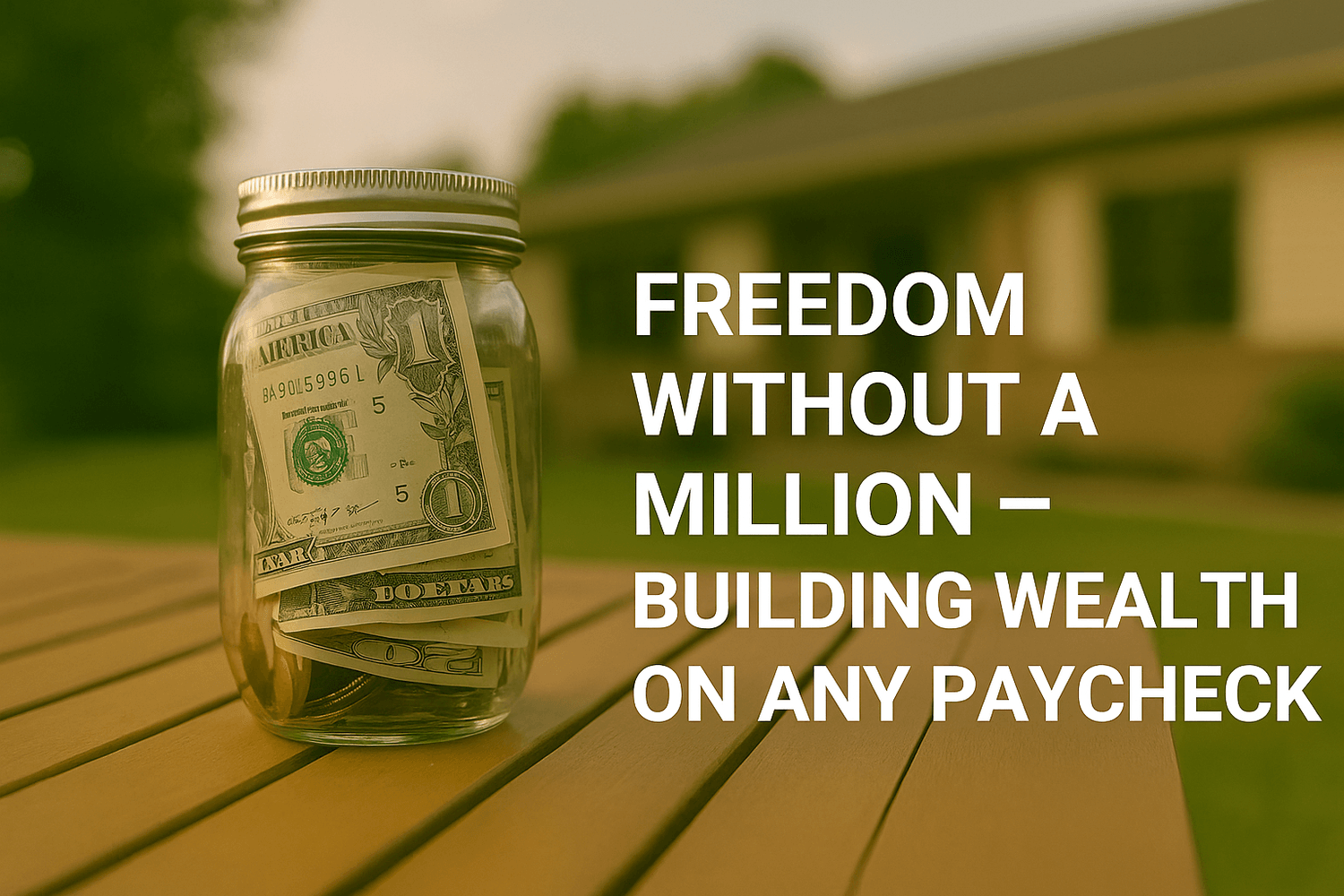 Glass jar with dollar bills and coins sitting on an outdoor table, symbolizing building wealth and financial freedom on any paycheck without needing a million dollars.