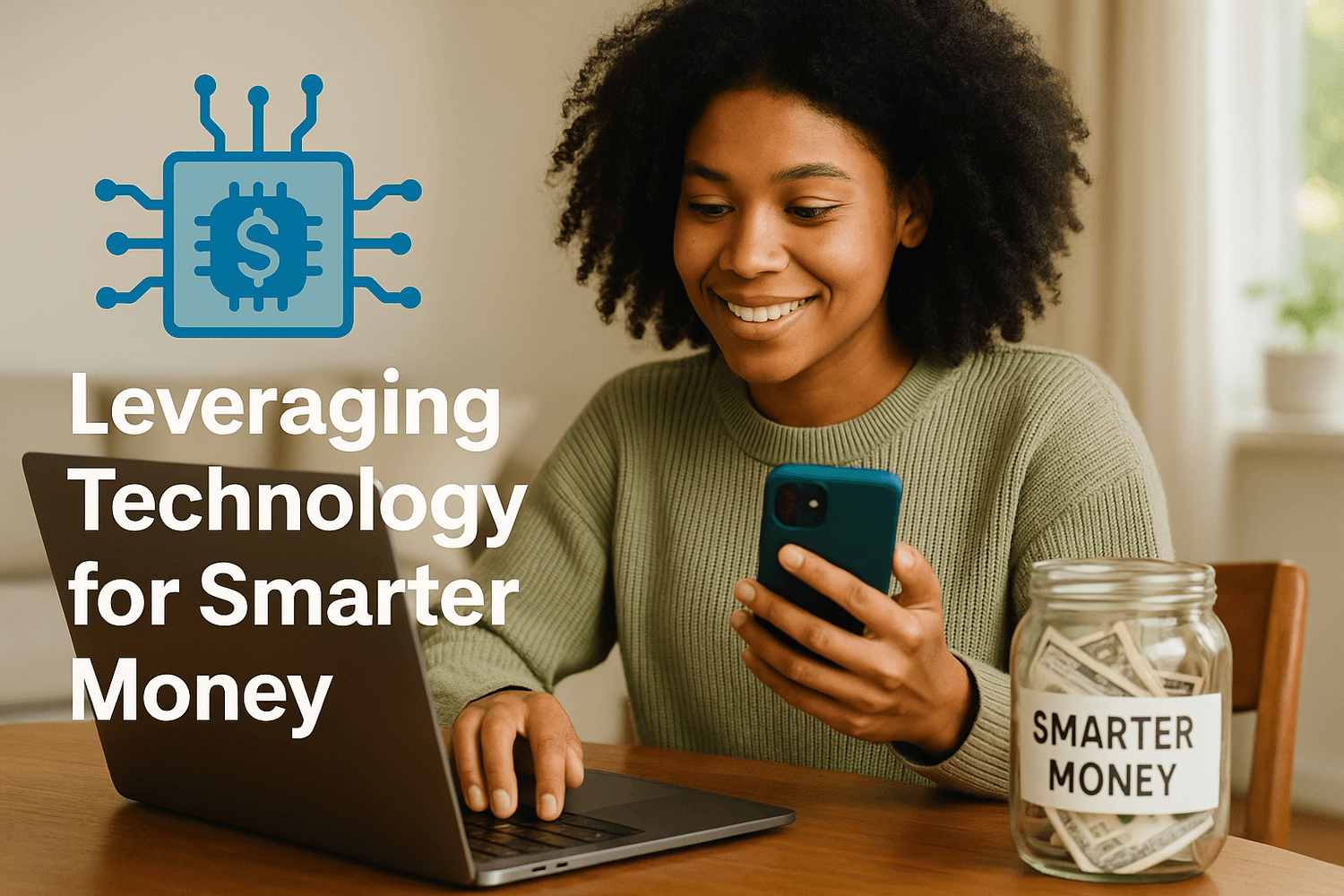 Smiling woman using smartphone and laptop with a jar labeled “Smarter Money,” representing how technology can help manage and grow finances effectively.