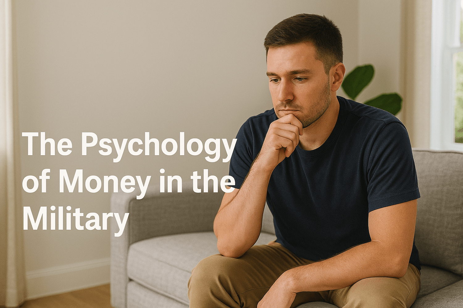 Man sitting on a couch in deep thought, representing the psychological challenges and mindset shifts tied to managing money in the military.