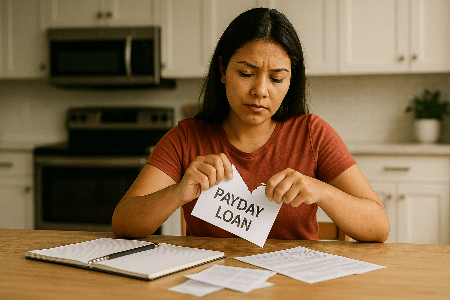Woman sitting at a kitchen table tearing up a payday loan document, symbolizing breaking free from predatory lending and avoiding financial traps.