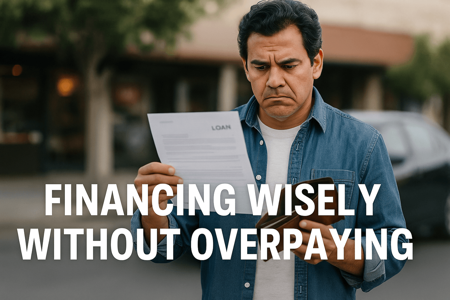 Concerned man reading a loan document while holding his wallet, symbolizing the importance of financing wisely without overpaying.
