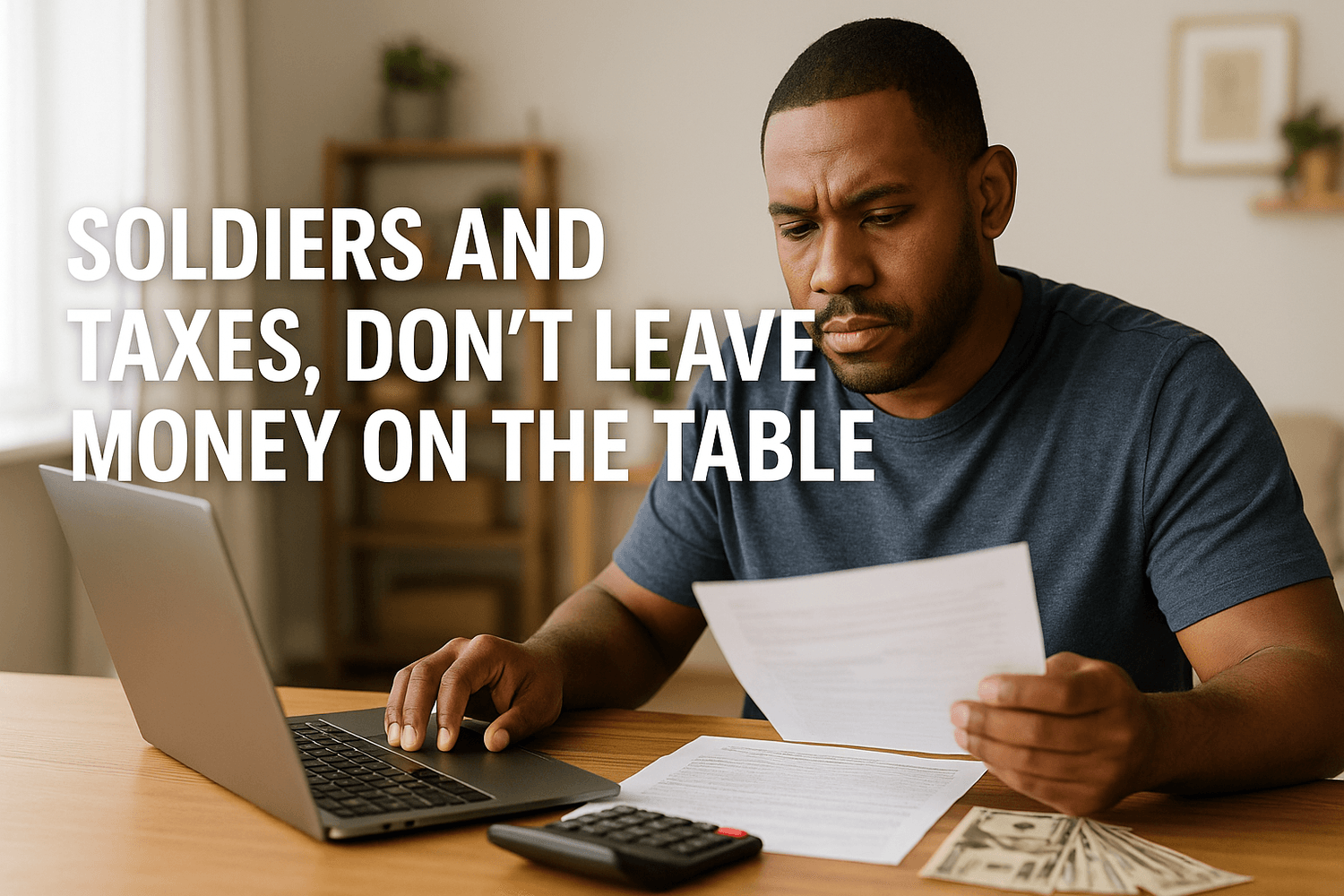 Soldier reviewing tax documents at home with a laptop, calculator, and cash on the table, highlighting the importance of maximizing military tax benefits with the text 'Soldiers and Taxes, Don’t Leave Money on the Table.