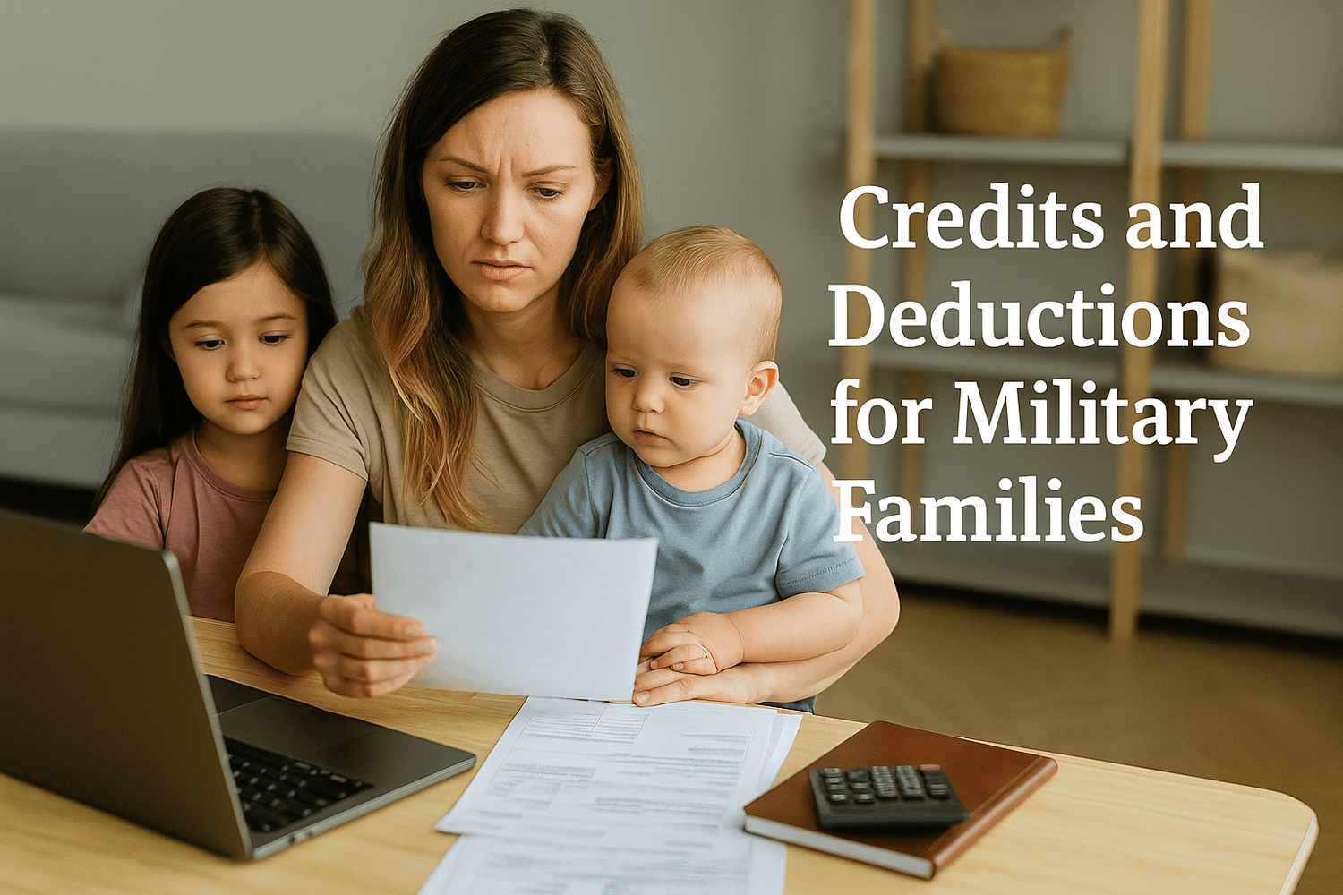 Military spouse reviewing tax documents with two young children at home, highlighting available credits and deductions for military families with the text 'Credits and Deductions for Military Families.