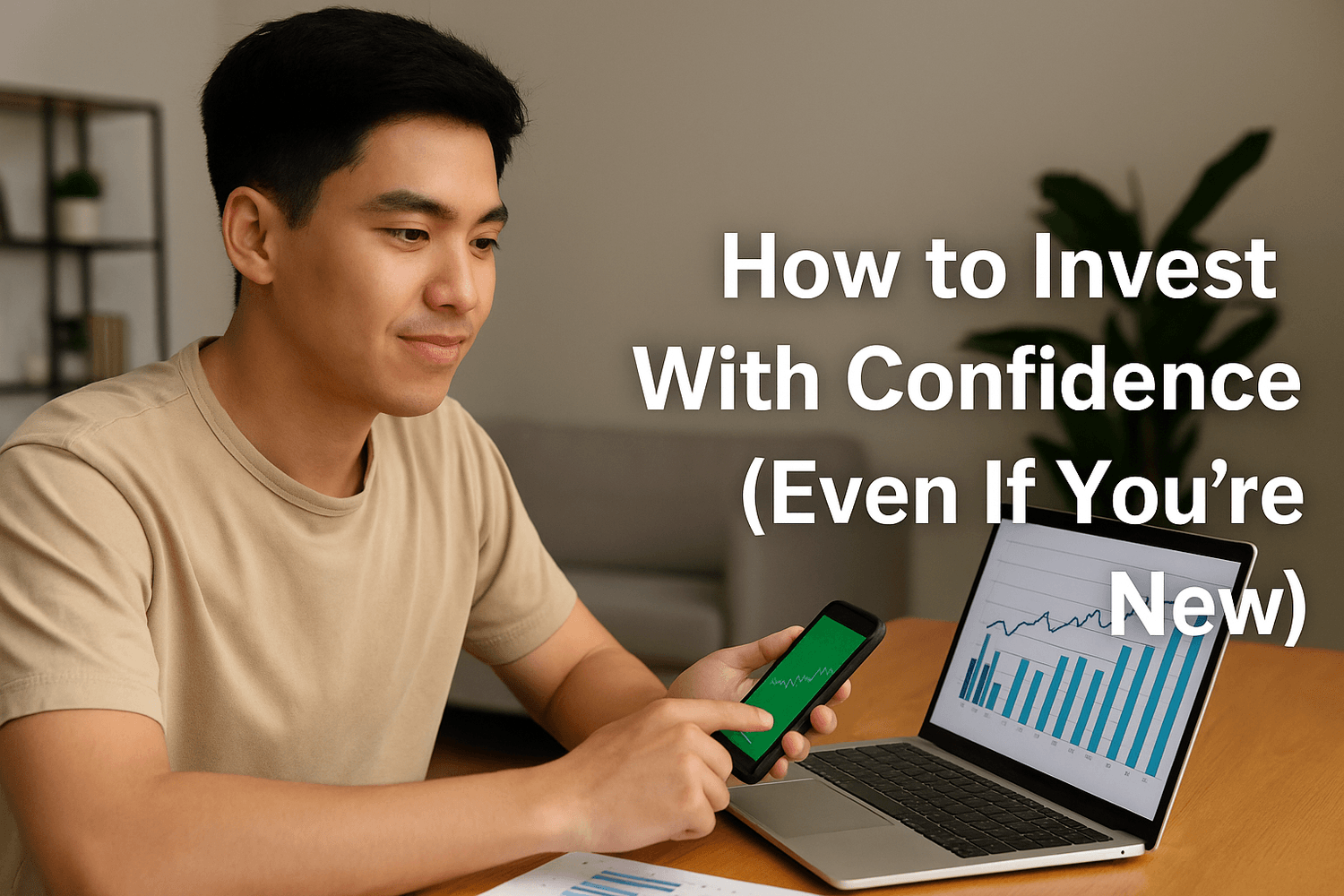 Young man learning how to invest using a smartphone and laptop with stock charts, symbolizing beginner-friendly investing tips with the text 'How to Invest With Confidence (Even If You’re New).