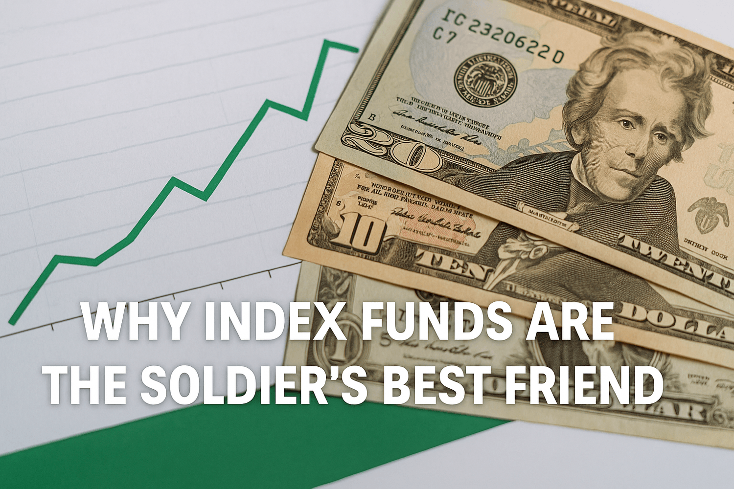 US dollar bills placed on top of a rising stock market chart, illustrating investment growth and the concept 'Why Index Funds Are the Soldier’s Best Friend.