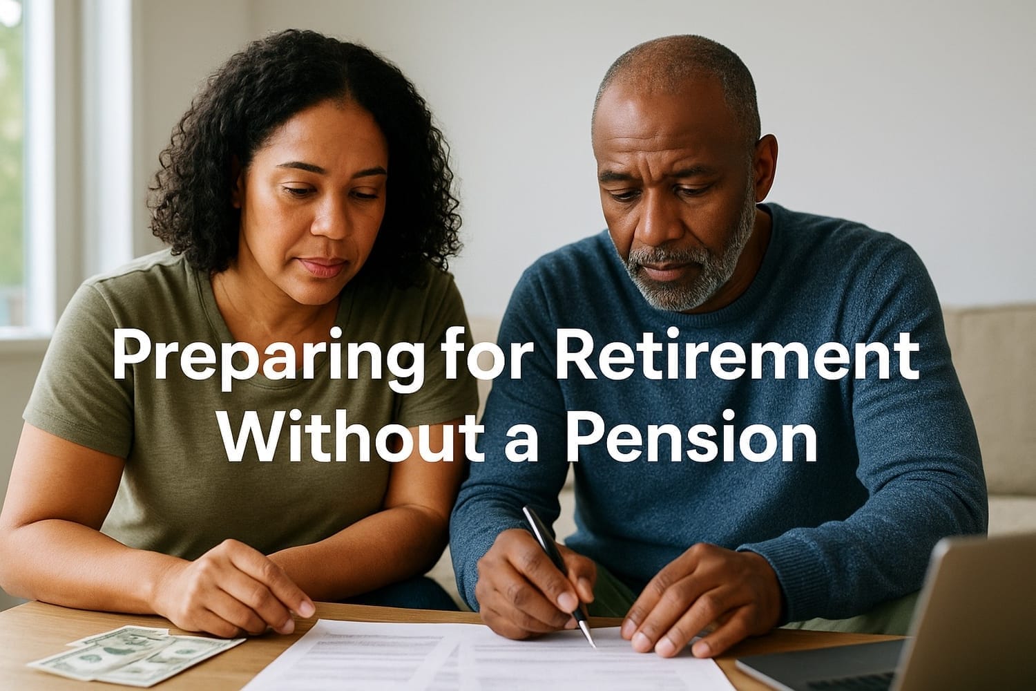 Middle-aged couple reviewing financial documents at home, planning for retirement without a pension, with cash on the table and the text 'Preparing for Retirement Without a Pension.