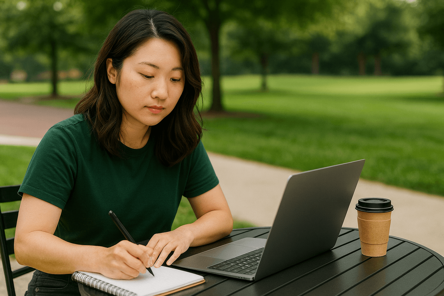 Young woman studying outdoors at a table with a laptop, notebook, and coffee cup, taking notes while working on personal finance or online learning.