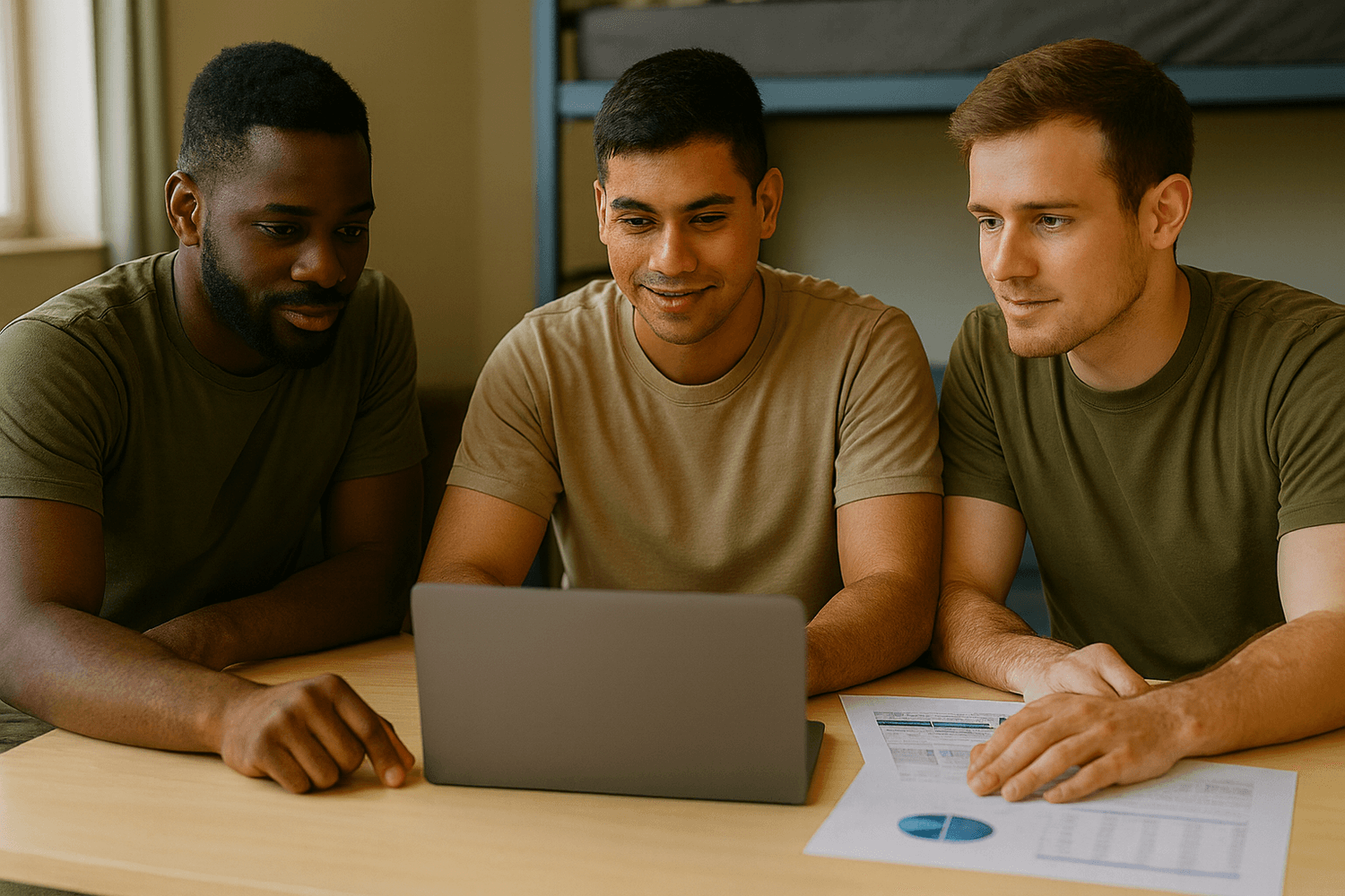 Three soldiers sitting together in the barracks, collaborating on financial planning with a laptop and charts, illustrating teamwork in building wealth.