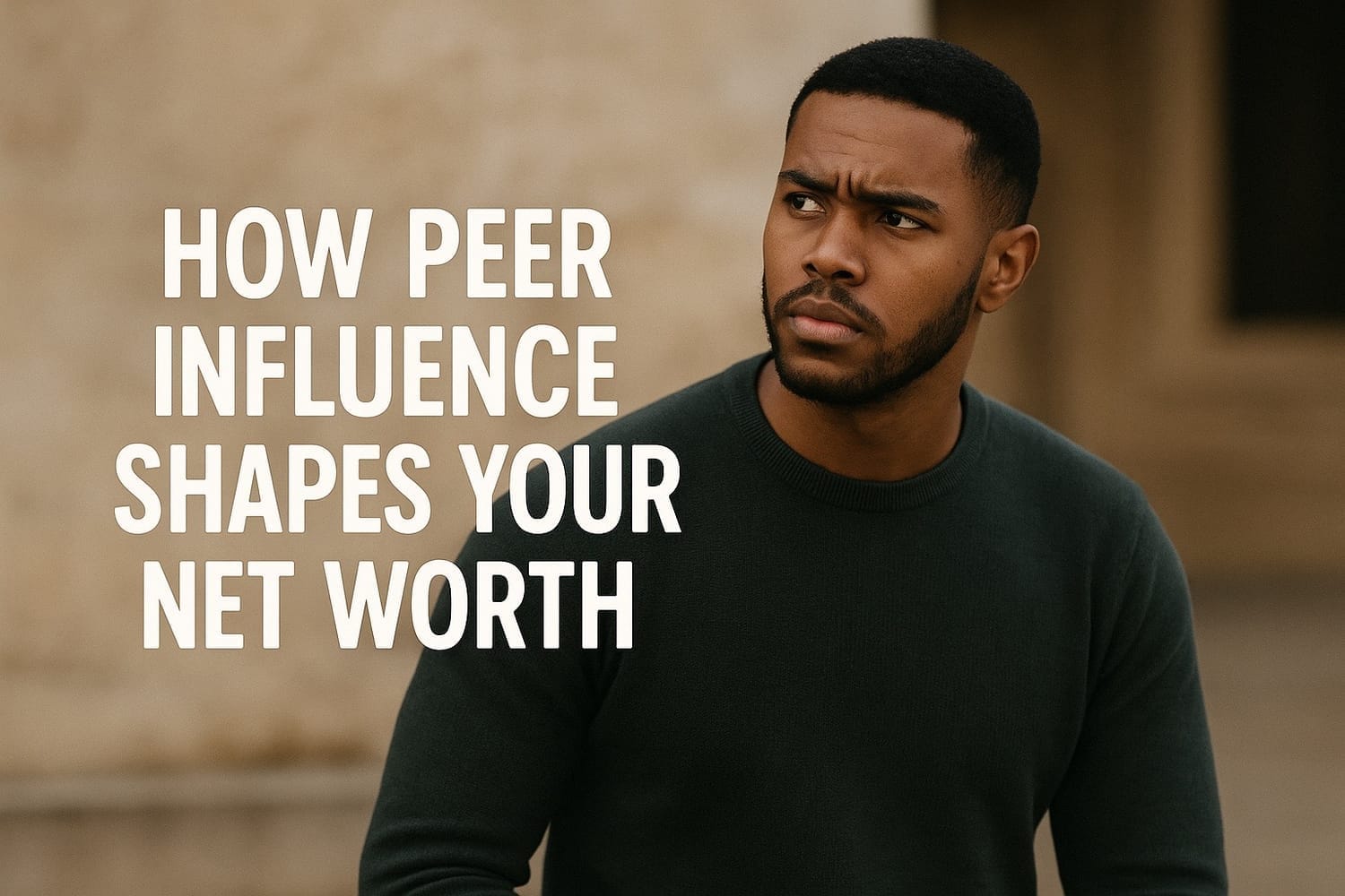 Young man in a dark sweater looking thoughtful, representing how peer influence affects financial decisions and net worth, with the text 'How Peer Influence Shapes Your Net Worth.