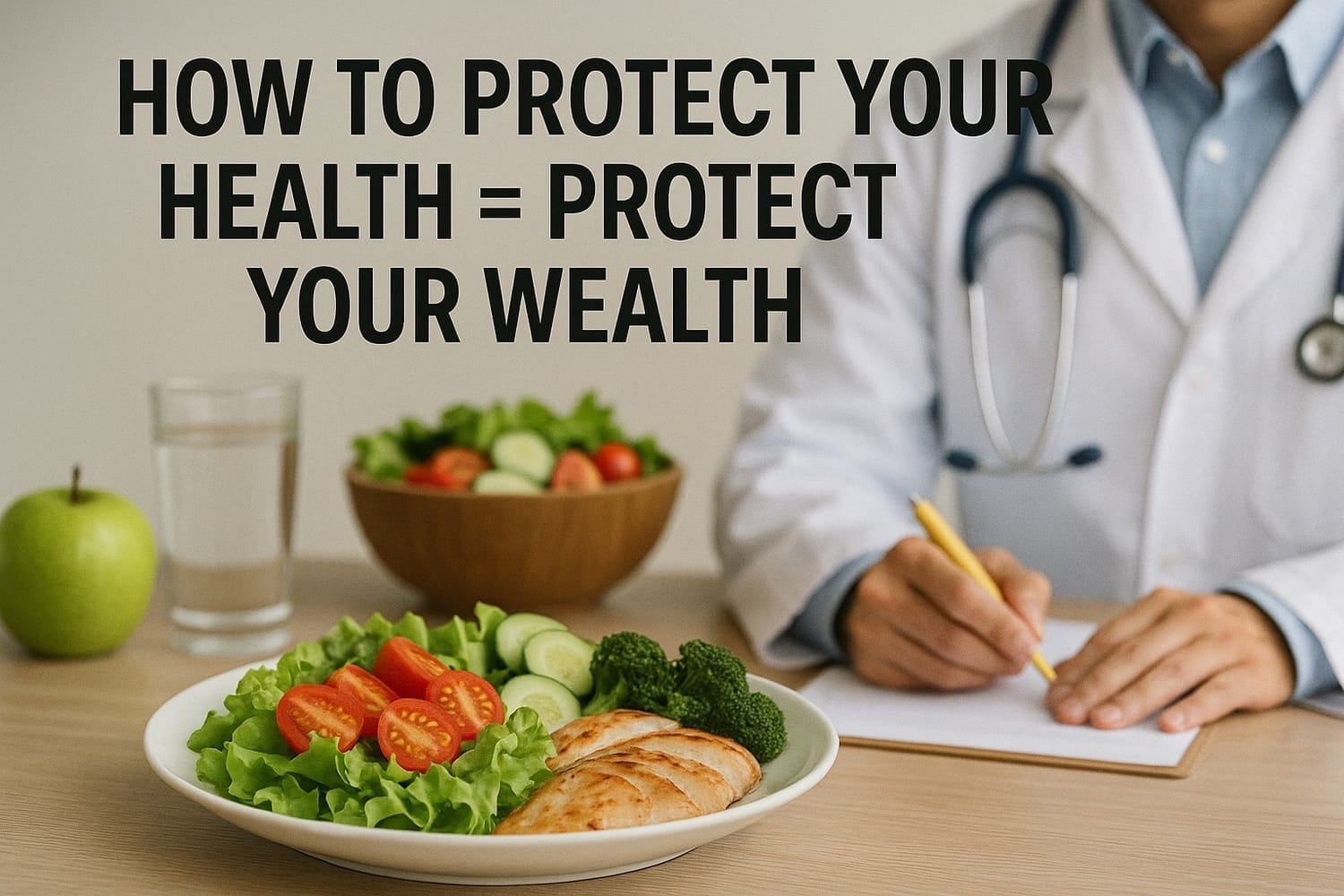 Doctor writing notes beside a healthy plate of chicken, salad, and vegetables, symbolizing the message 'How to Protect Your Health = Protect Your Wealth.