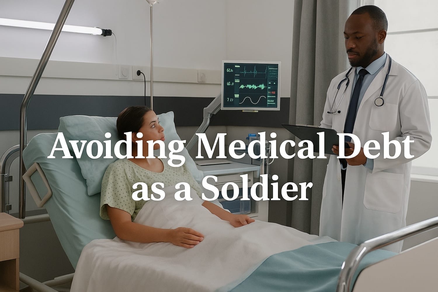 Doctor consulting with a soldier patient in a hospital bed, illustrating the importance of avoiding medical debt as a service member, with the text 'Avoiding Medical Debt as a Soldier.'