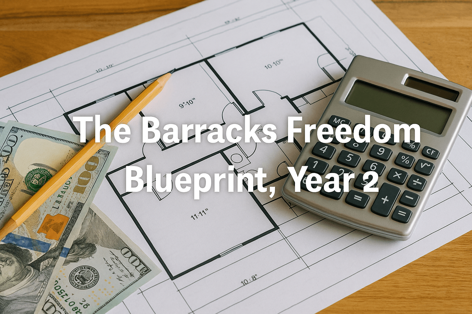 Blueprint floor plan with calculator, pencil, and US dollar bills on a table, symbolizing the financial strategy 'The Barracks Freedom Blueprint, Year 2.'