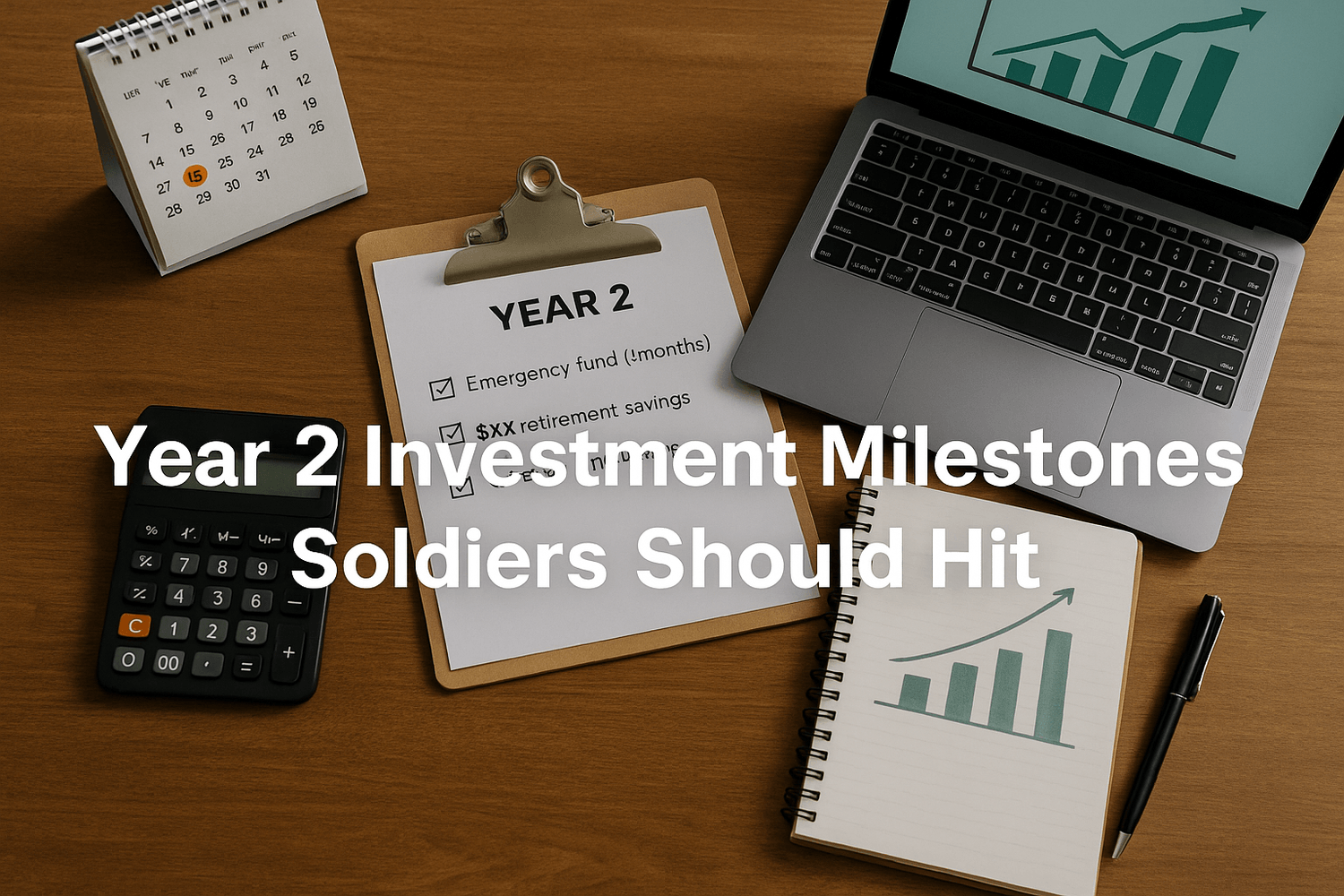 inancial planning setup with a checklist labeled Year 2, calculator, laptop showing growth chart, and notebook with rising bar graph, illustrating 'Year 2 Investment Milestones Soldiers Should Hit.