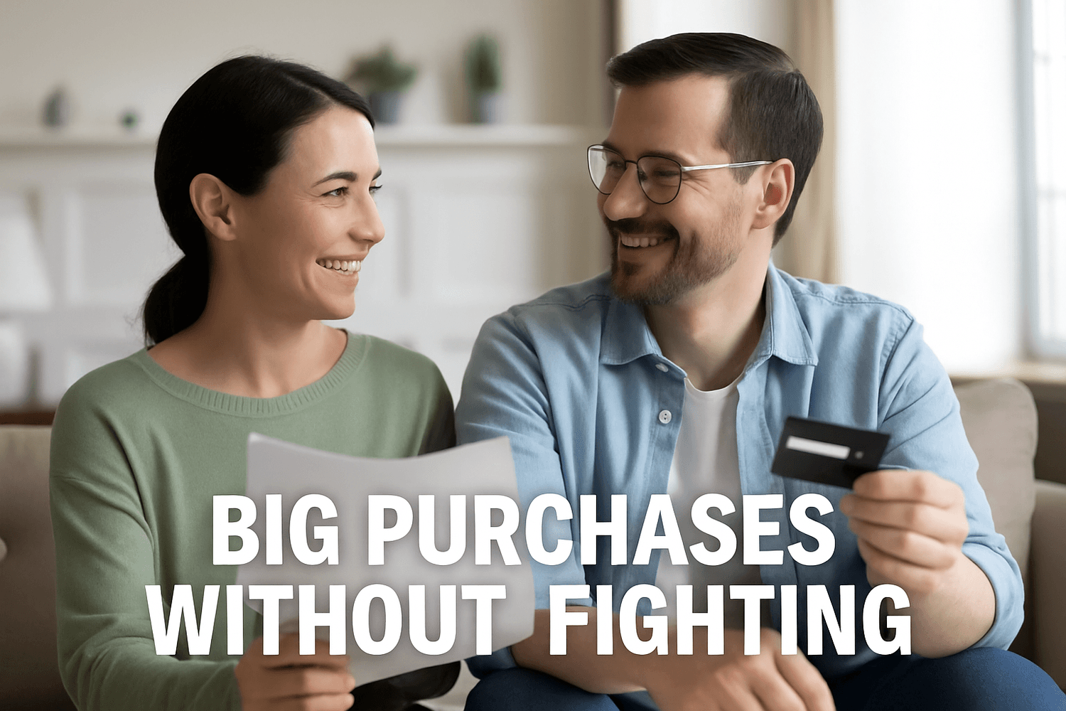Smiling couple sitting together at home, holding a credit card and paperwork, showing how to make big purchases without fighting, with the text 'Big Purchases Without Fighting