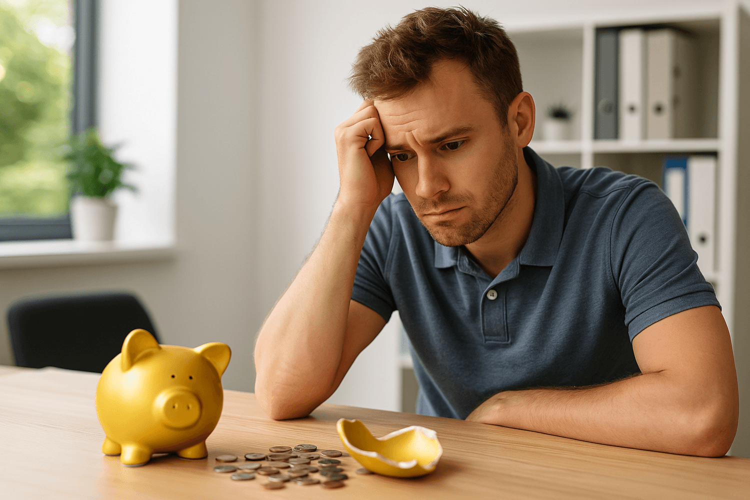 Stressed man sitting at a desk with a broken piggy bank and scattered coins, symbolizing financial struggles and lack of savings.