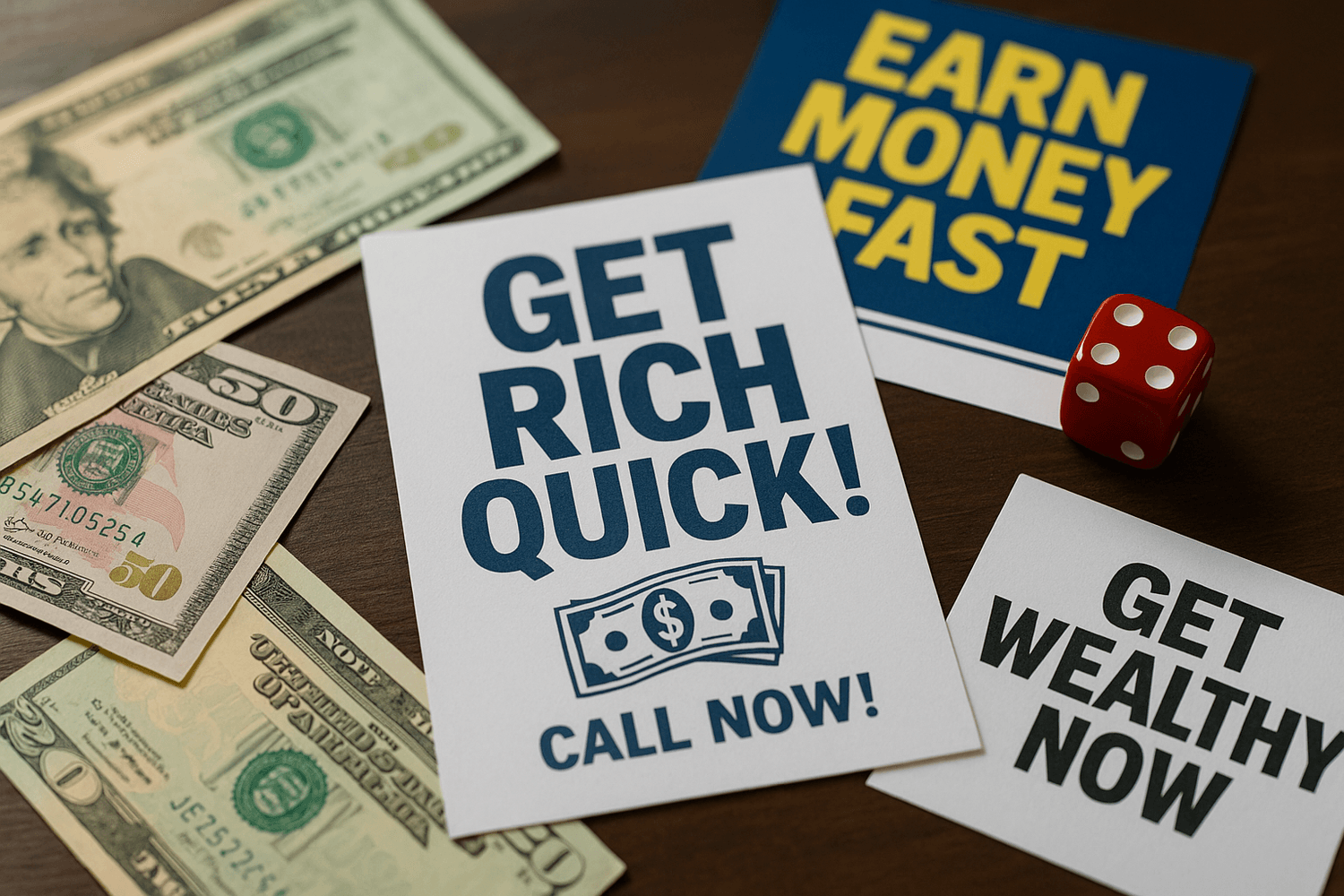 Scam flyers with bold text like 'Get Rich Quick,' 'Earn Money Fast,' and 'Get Wealthy Now' placed on a table with cash and a dice, symbolizing risky money schemes