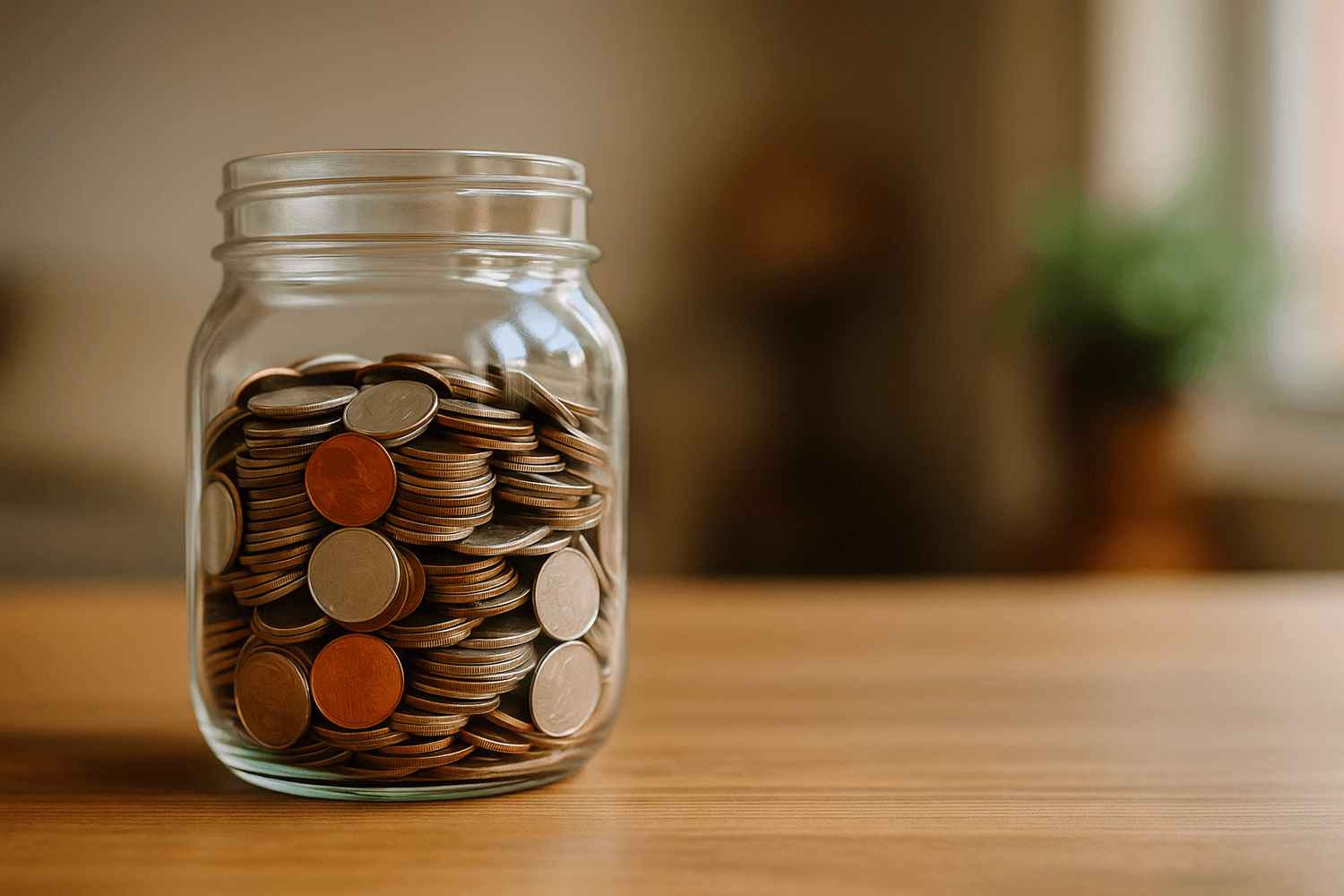 Glass jar filled with assorted coins sitting on a wooden table, symbolizing saving money and building financial discipline.