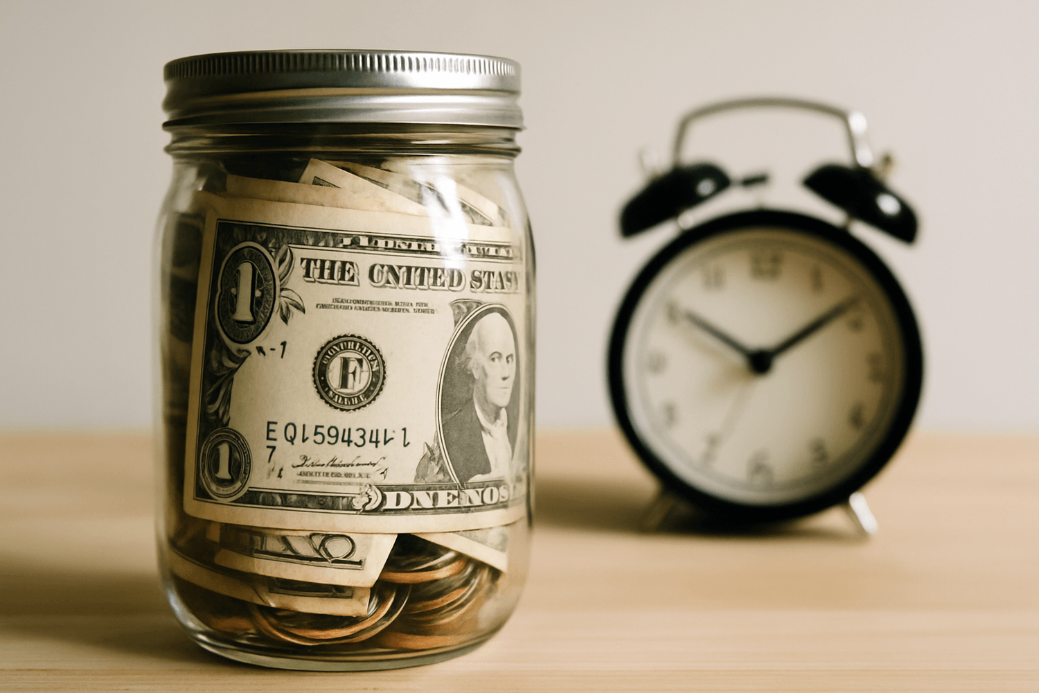 Glass jar filled with cash and coins next to an alarm clock on a wooden table, symbolizing saving money and the importance of time in building wealth.'