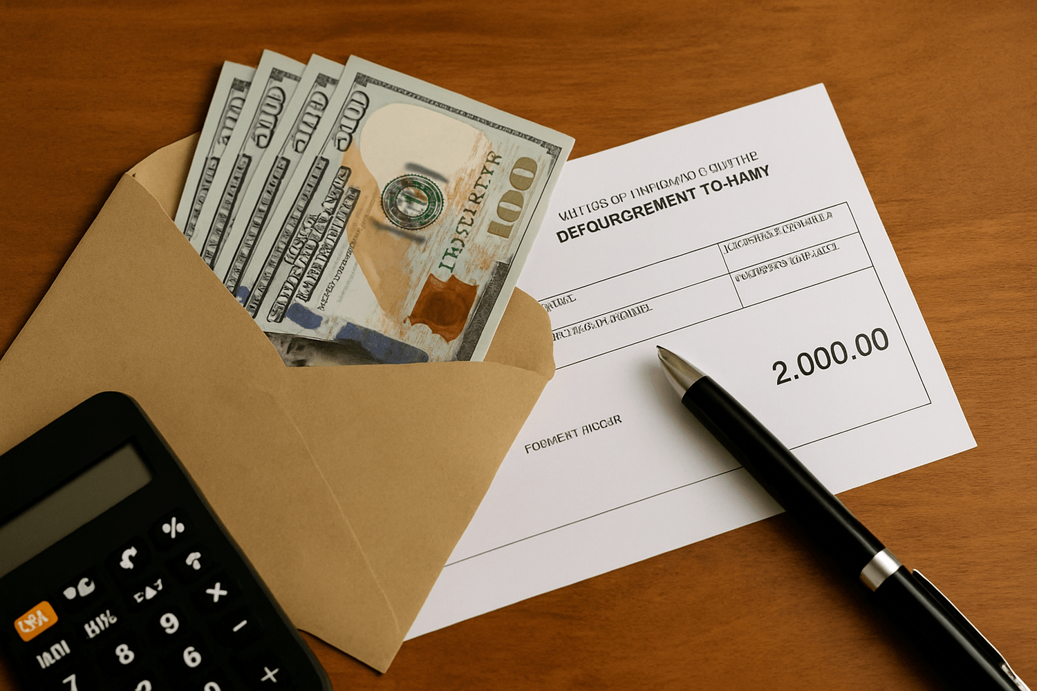 Envelope filled with hundred-dollar bills beside a $2,000 payment form, calculator, and pen on a wooden desk, symbolizing managing money, bonuses, or debt payments."