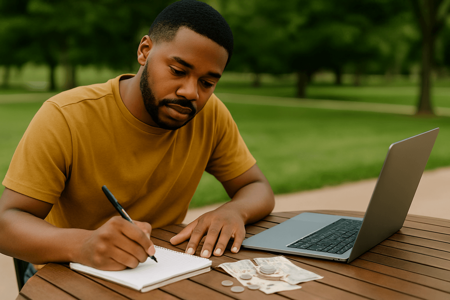 Young man budgeting outdoors at a table with a notebook, laptop, and small pile of cash and coins, planning personal finances and savings.