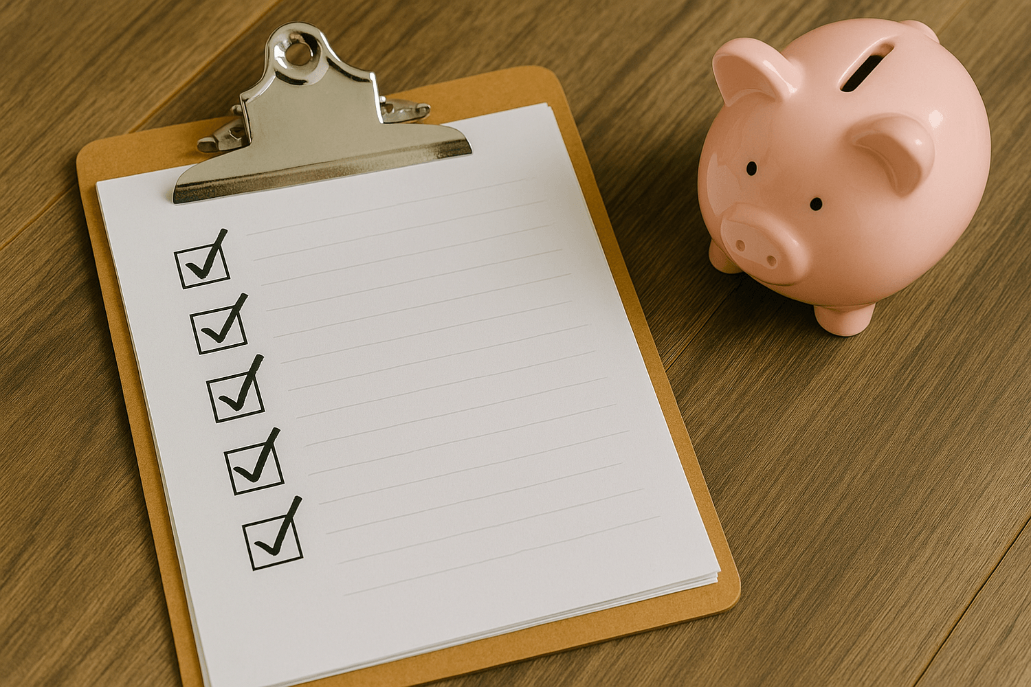 Checklist on a clipboard with all boxes marked next to a pink piggy bank, symbolizing financial planning, savings goals, and money management.
