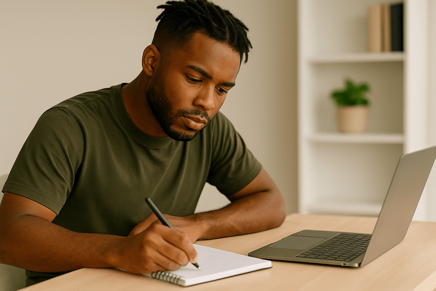 Focused young man writing notes in a notebook while working on a laptop at home, symbolizing financial planning, studying, or personal development.