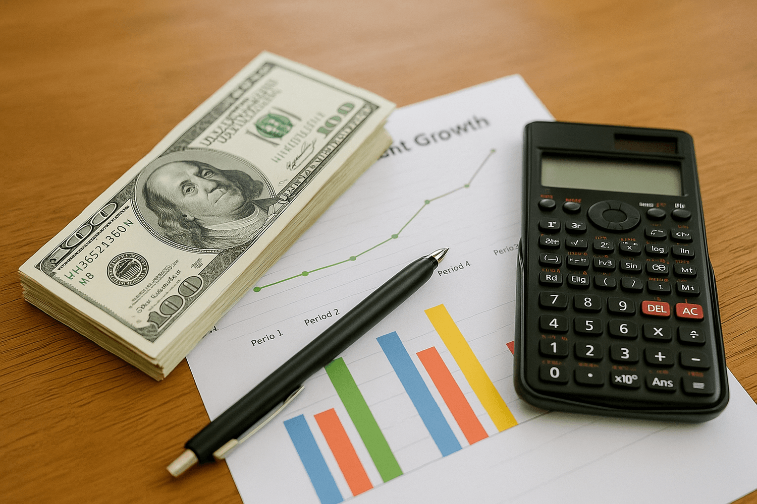 Stack of hundred-dollar bills, calculator, and pen placed on top of a financial growth chart with bar and line graphs, symbolizing investing, budgeting, and wealth building.