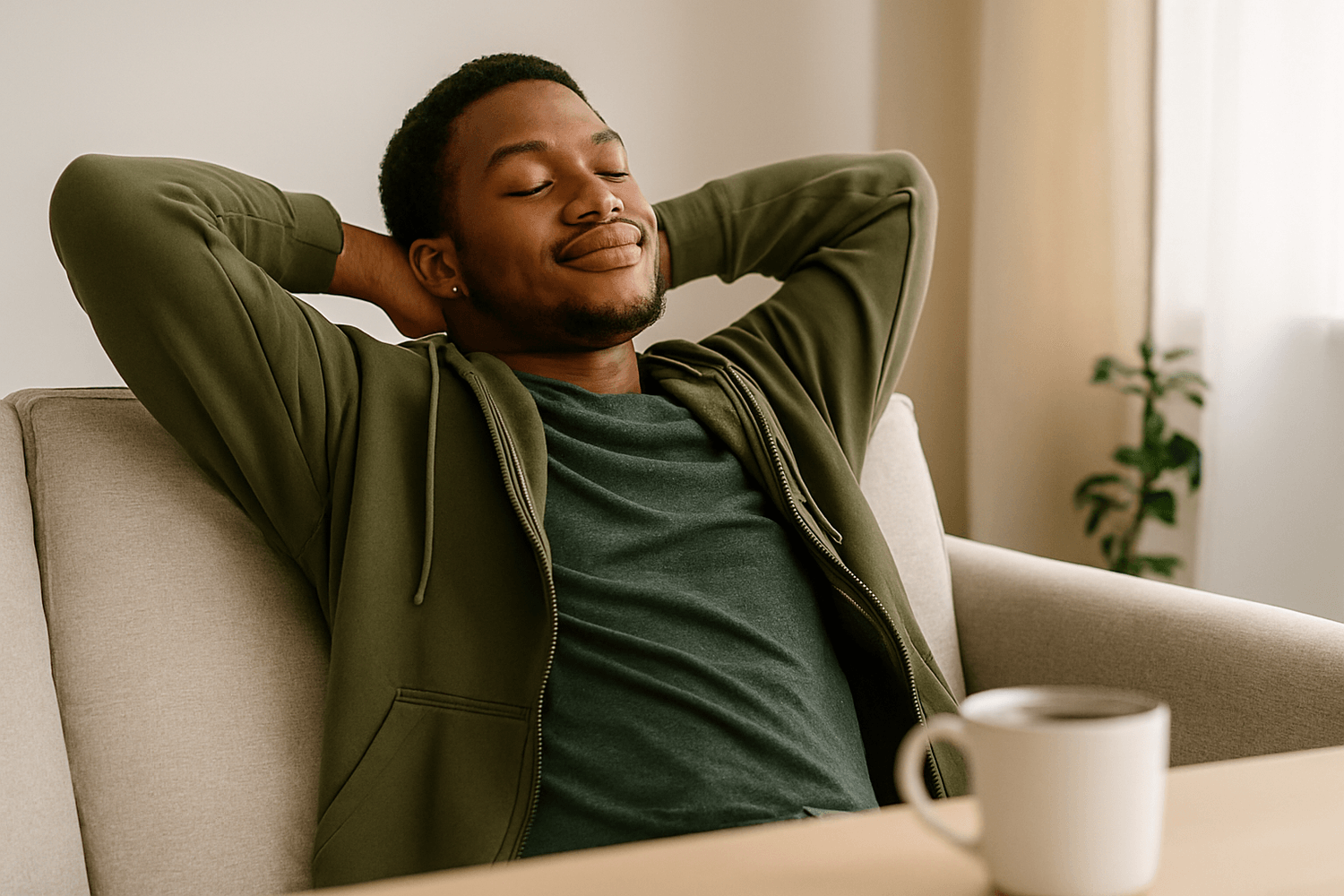 Relaxed young man leaning back with hands behind his head, smiling with eyes closed while sitting on a couch, symbolizing financial peace of mind and stress-free living.