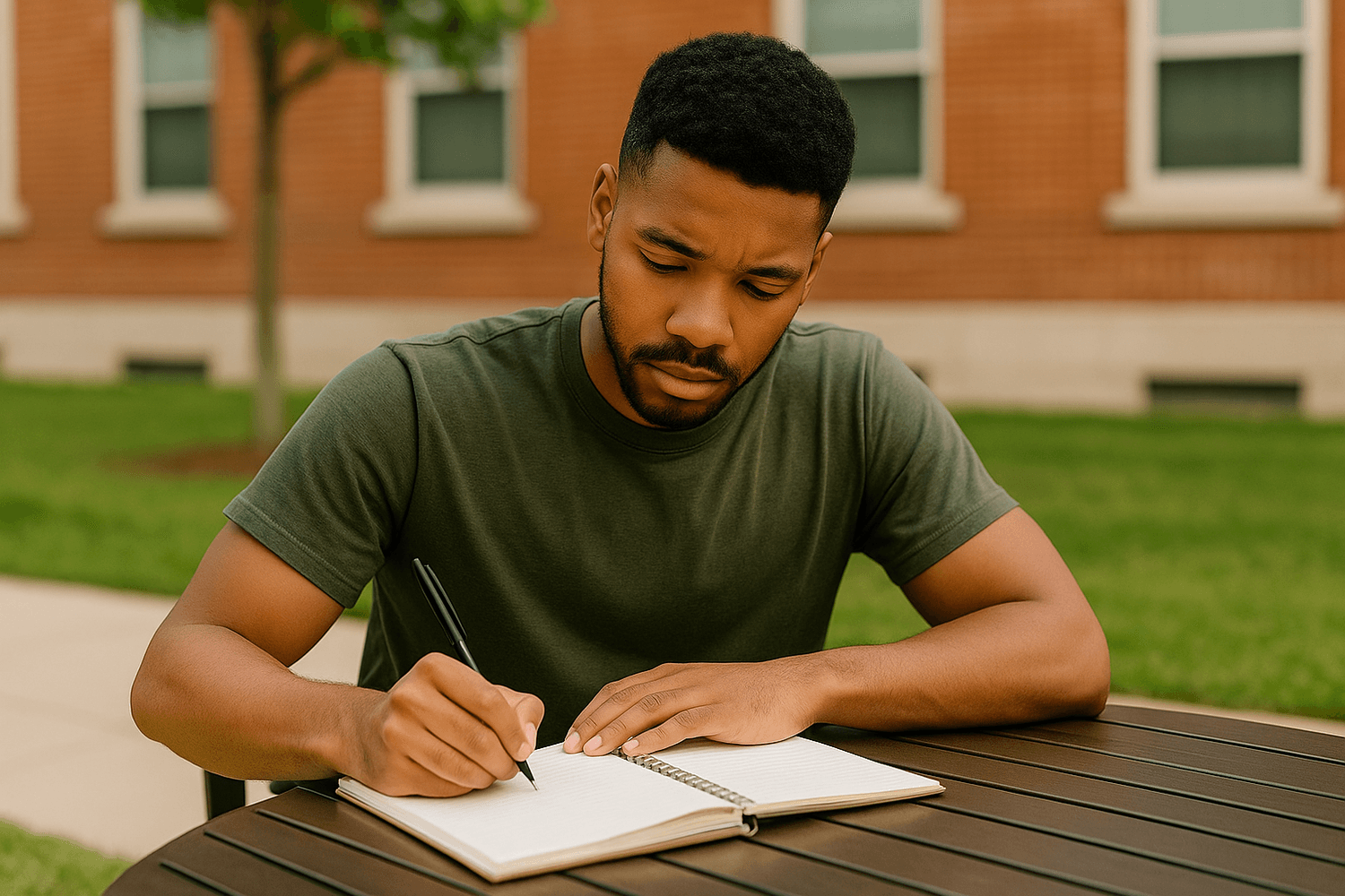 Young man sitting outdoors at a table in front of a brick building, focused on writing in a notebook, symbolizing goal setting, studying, or financial planning