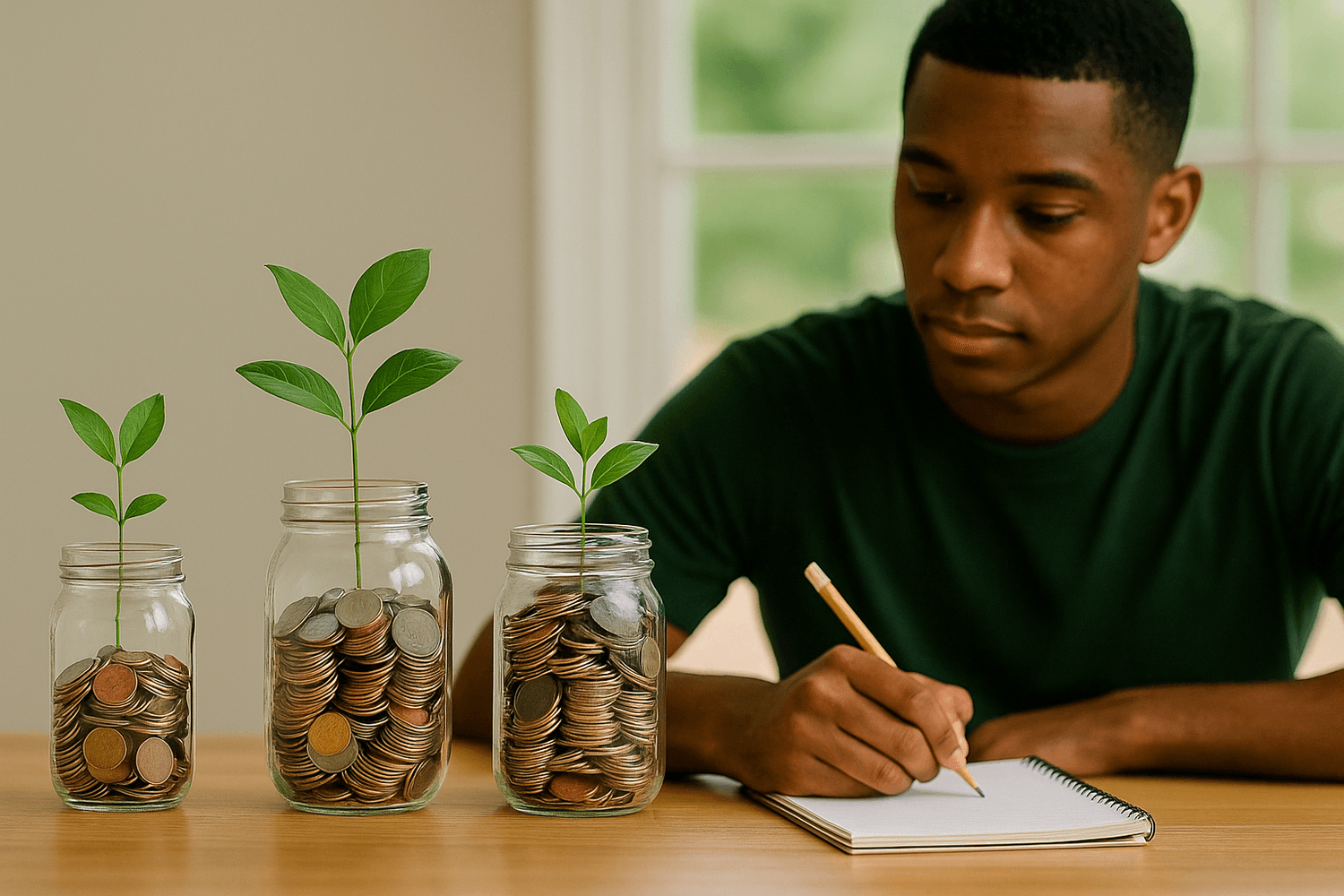 Young man writing in a notebook while three jars filled with coins and growing plants sit on the table, symbolizing saving, investing, and compound growth over time